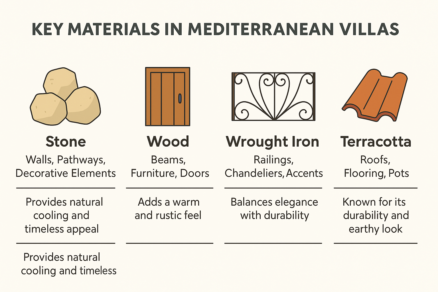 Material guide for Mediterranean-style villas showing stucco walls, clay tiles, and ironwork.