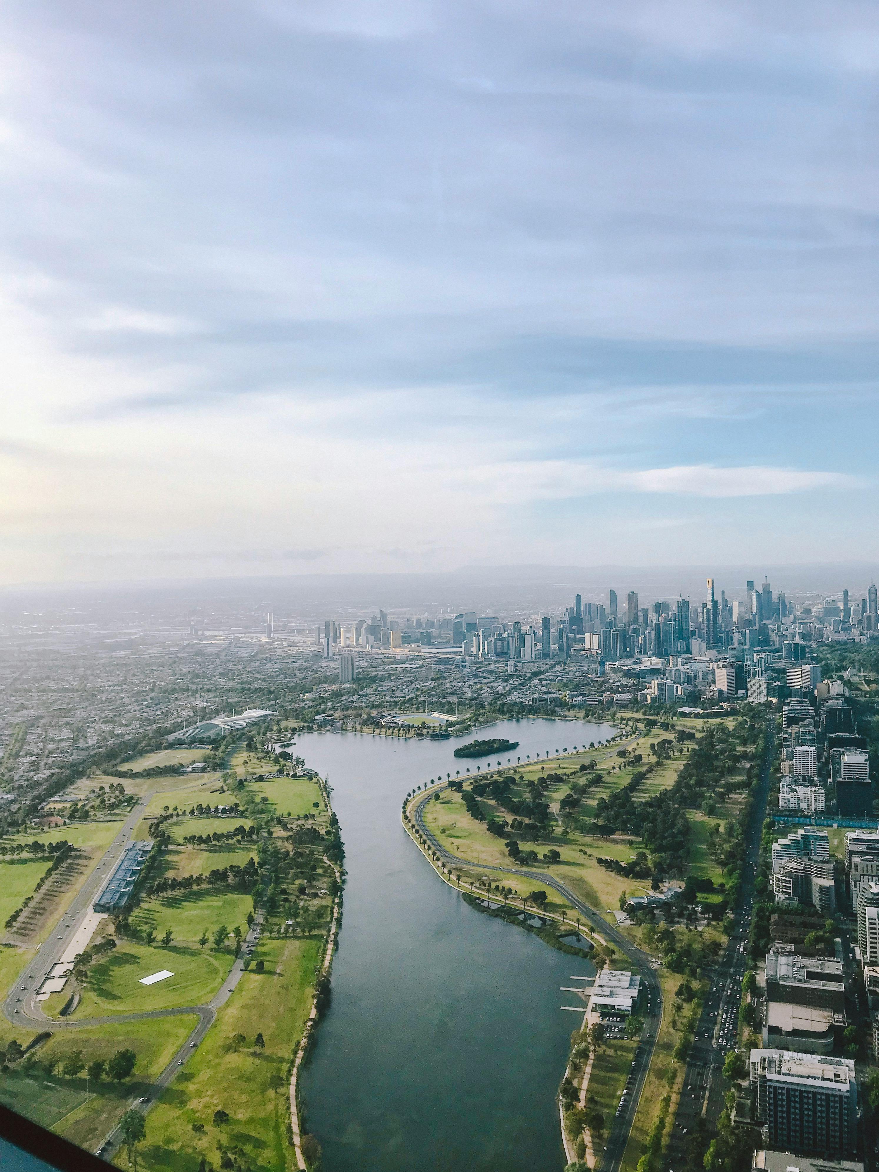 Aerial view of Melbourne showing greenery integrated into the urban landscape.