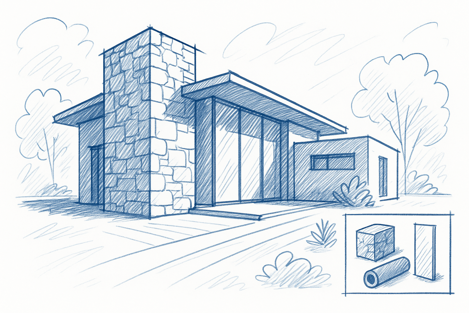 Minimalist house exterior using stone for clean lines and subtle accents.