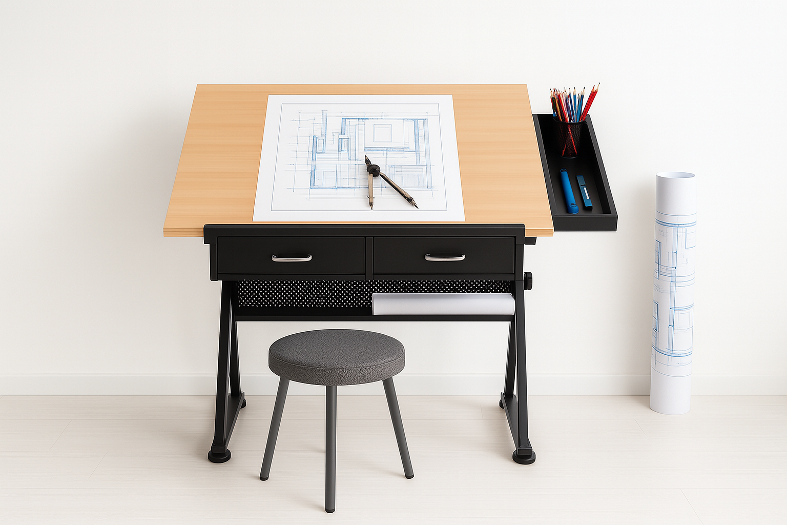 Modern drafting desk with architectural blueprint, compass, and gray stool against white wall.