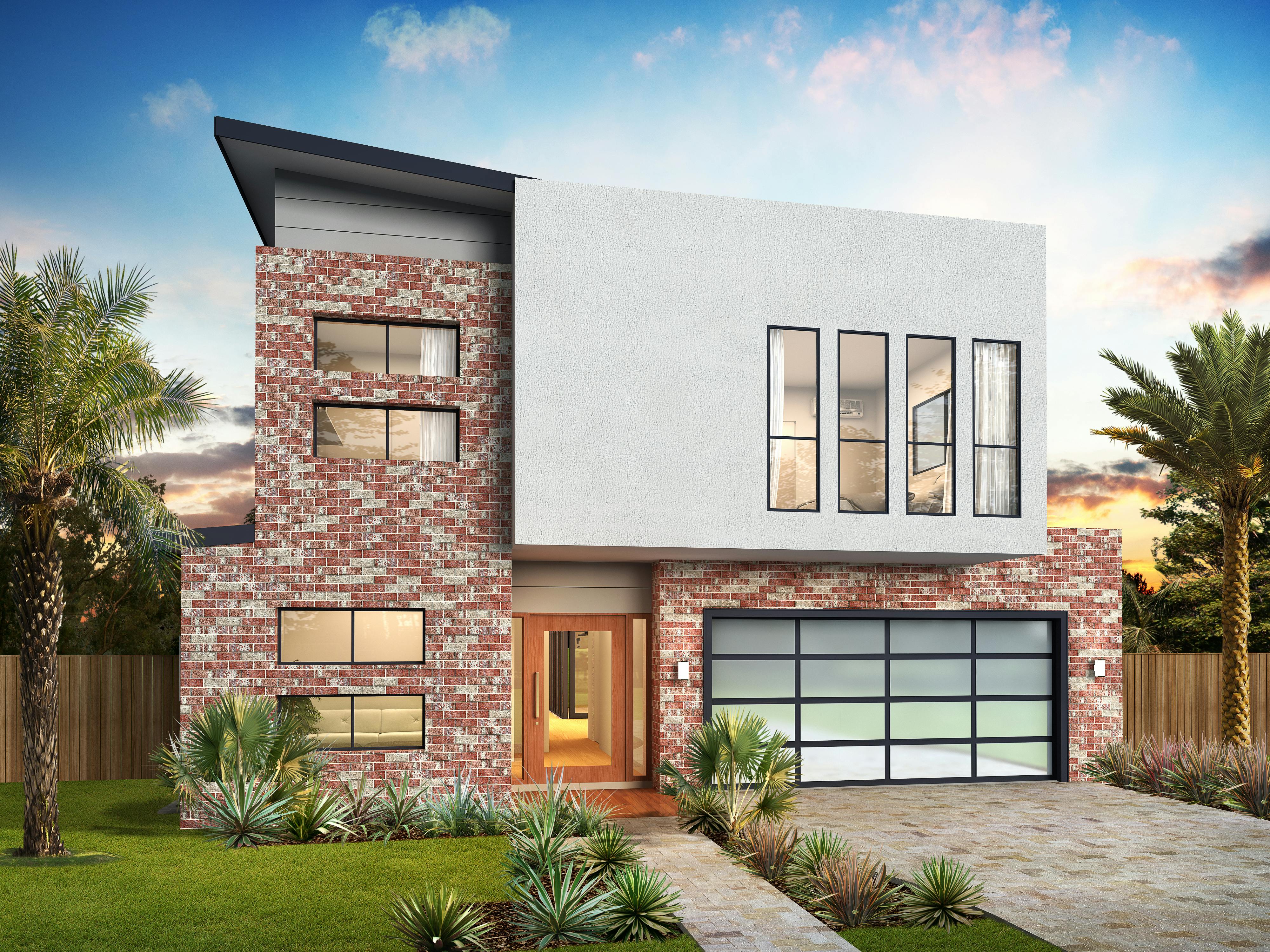 Modern cottage exterior with clean lines near a green lawn and garden plants.
