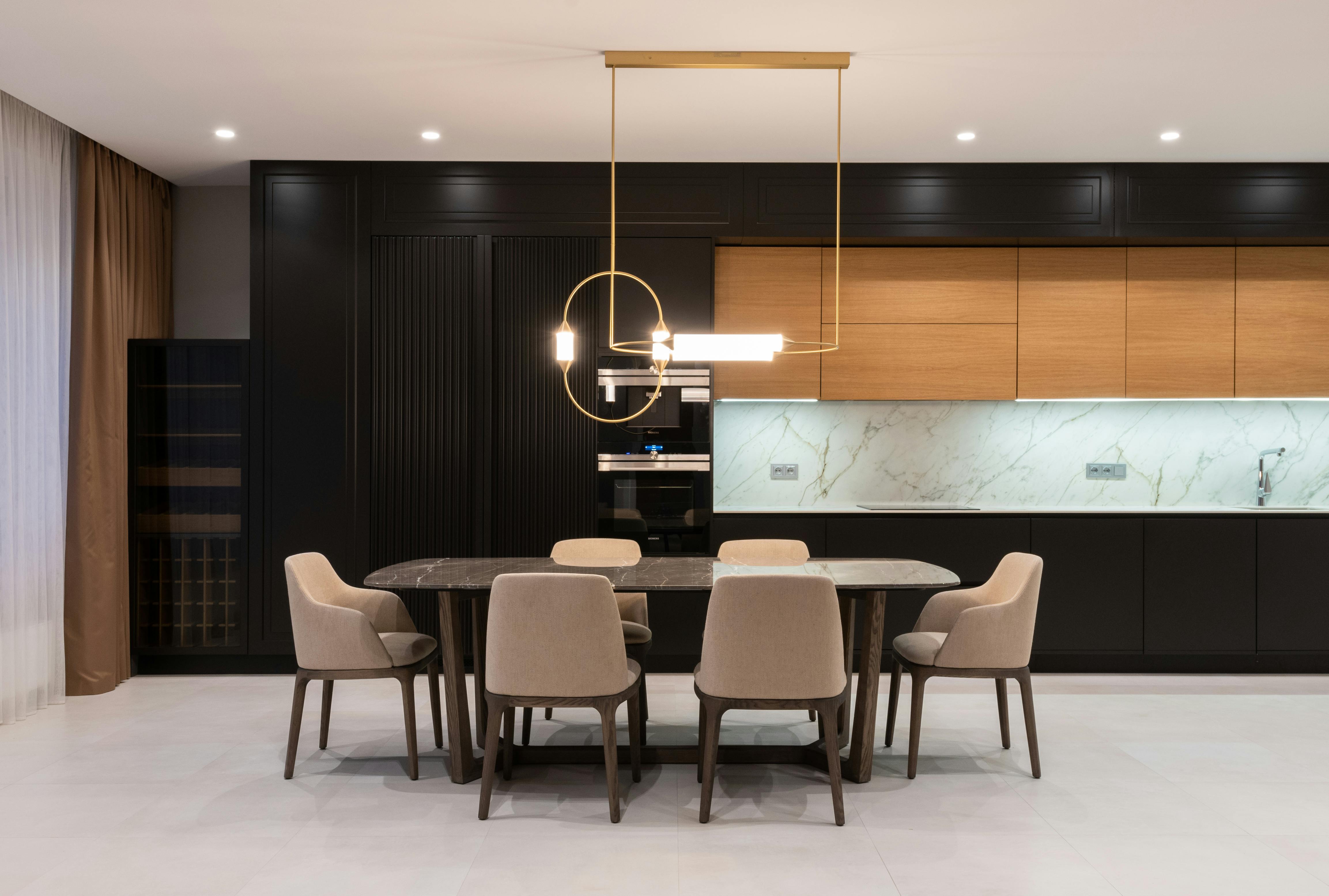 Modern dining room with calming natural colors and simple decor.