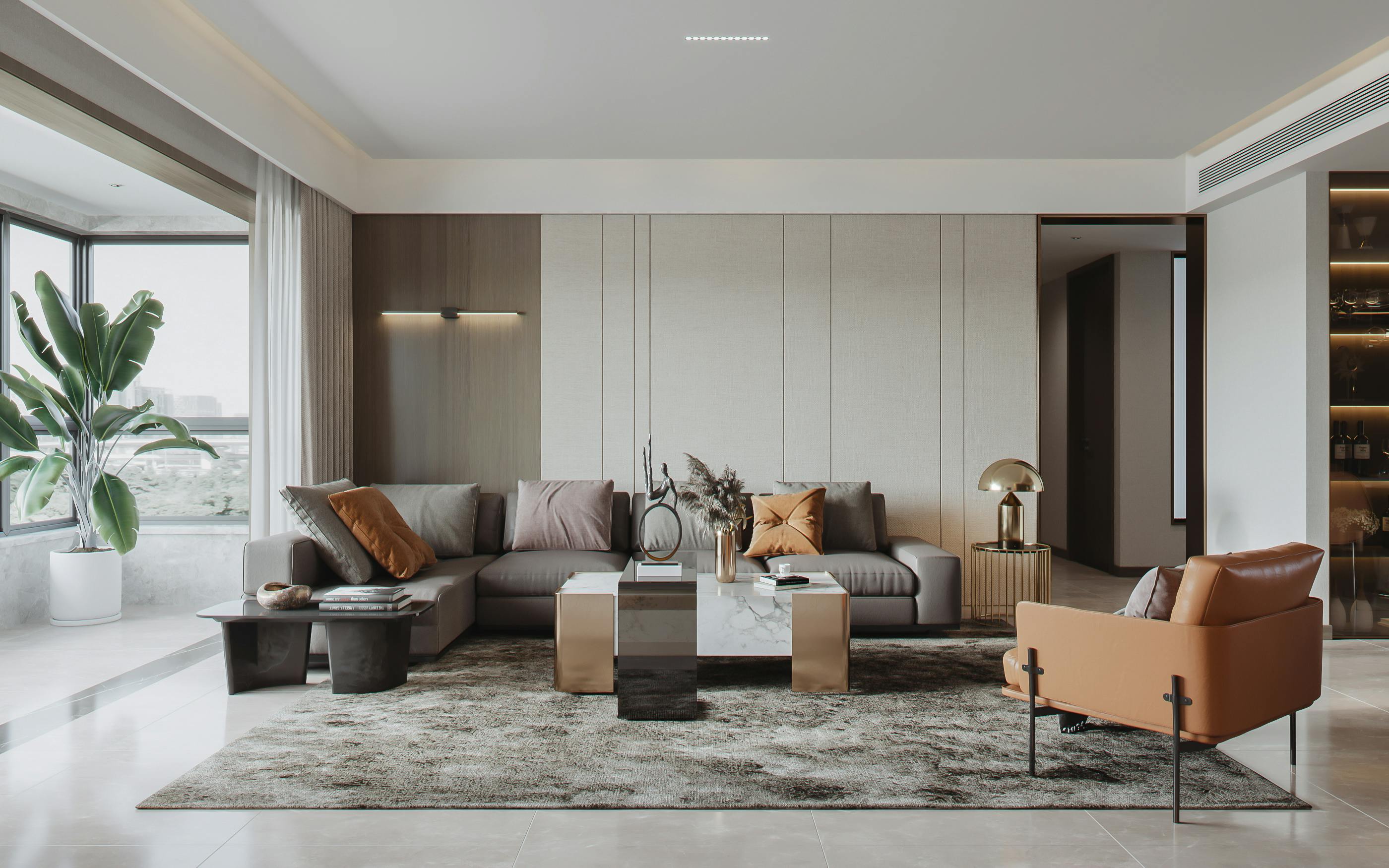 Living room with gray tiled floor, brown accent chair, and complementary colors.