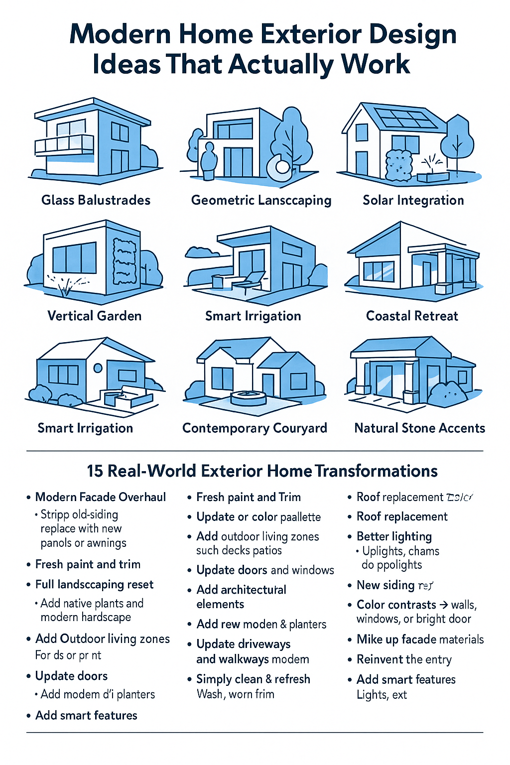 Modern home exterior ideas with illustrated design tips and transformation examples.