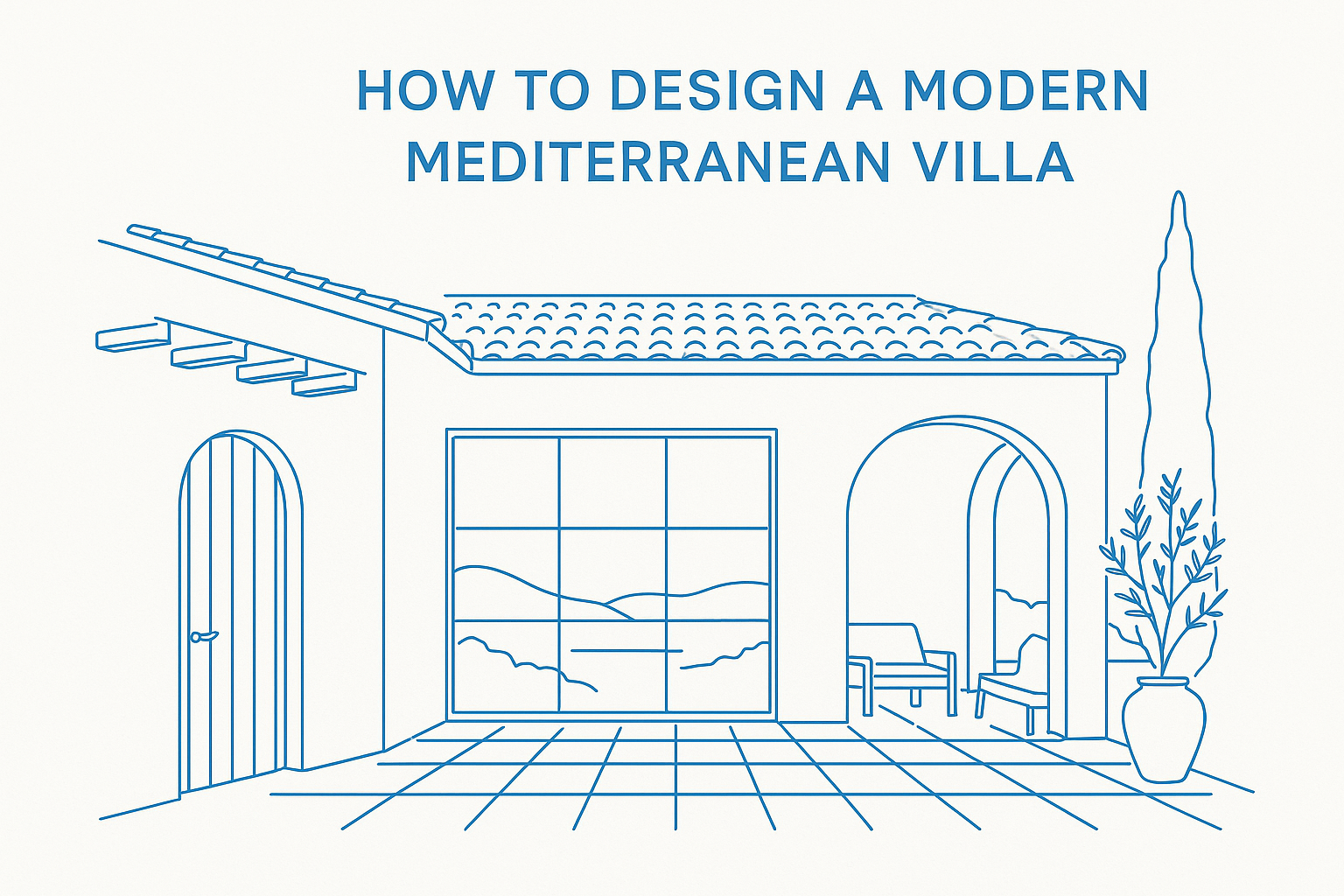 Showing the design layout of a modern Mediterranean villa with open courtyards, arched forms, and tiled roof elements.