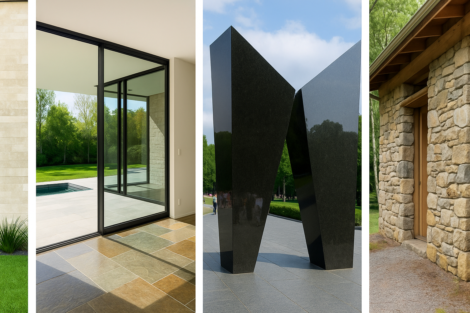 Showing stone cladding, flooring, monument design, and sustainable building examples.