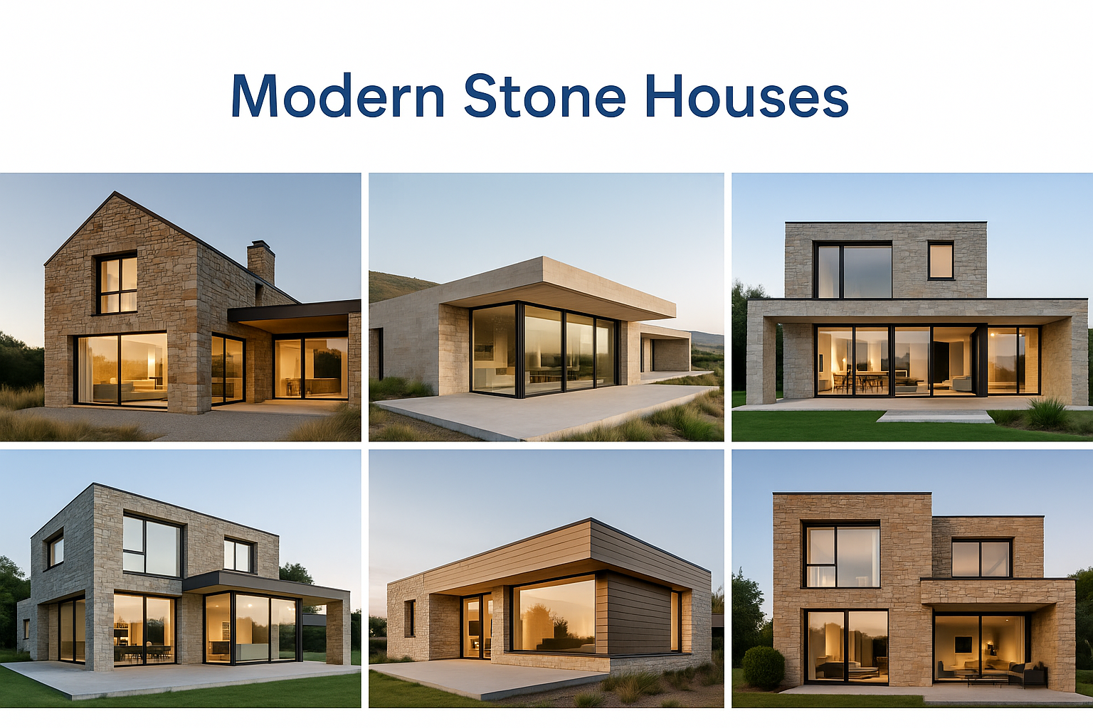 Collage of six modern houses built with stone in different architectural styles.