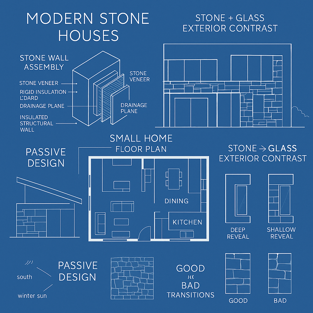 Infographic showing wall assembly, floor plan, stone transitions, and stone-glass contrast.