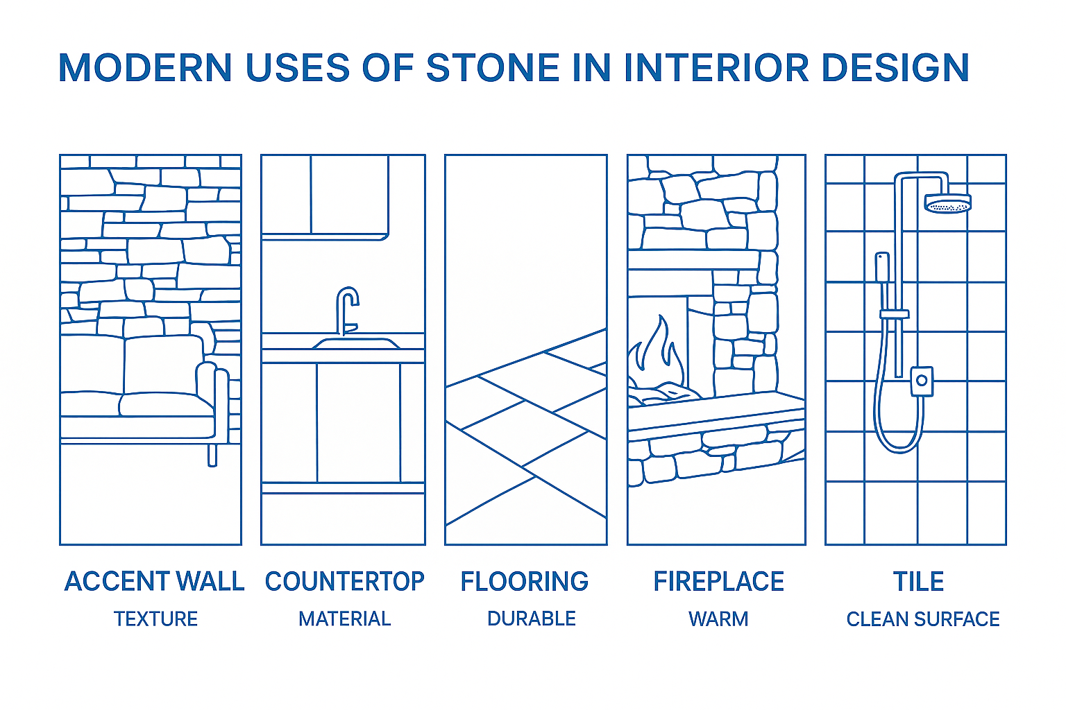 Infographic showing practical modern stone applications in interiors like countertops, walls, floors, fireplaces, and accents.