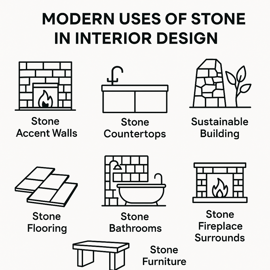 Infographic listing effective modern uses of stone in interior design.