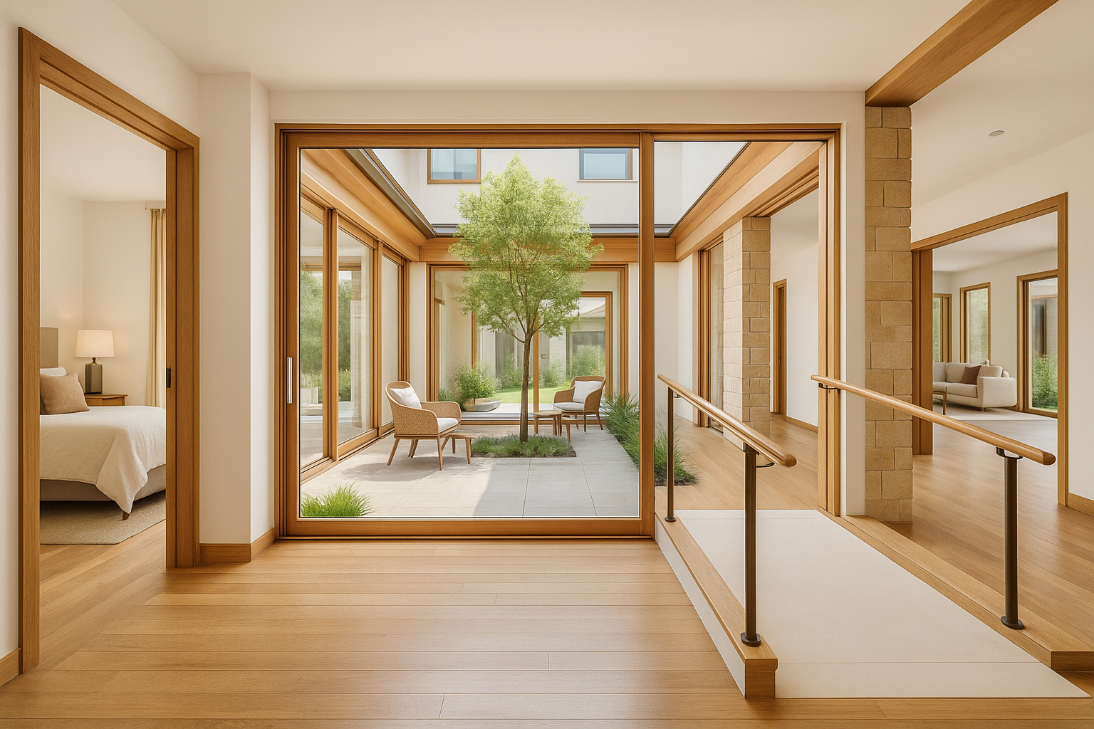 Modern multi-generational home with ramps, wide doors, private suites, and a shared courtyard.