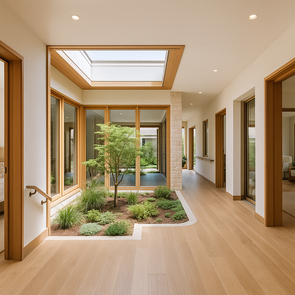 Multi-generational home interior with central courtyard and accessible hallway.