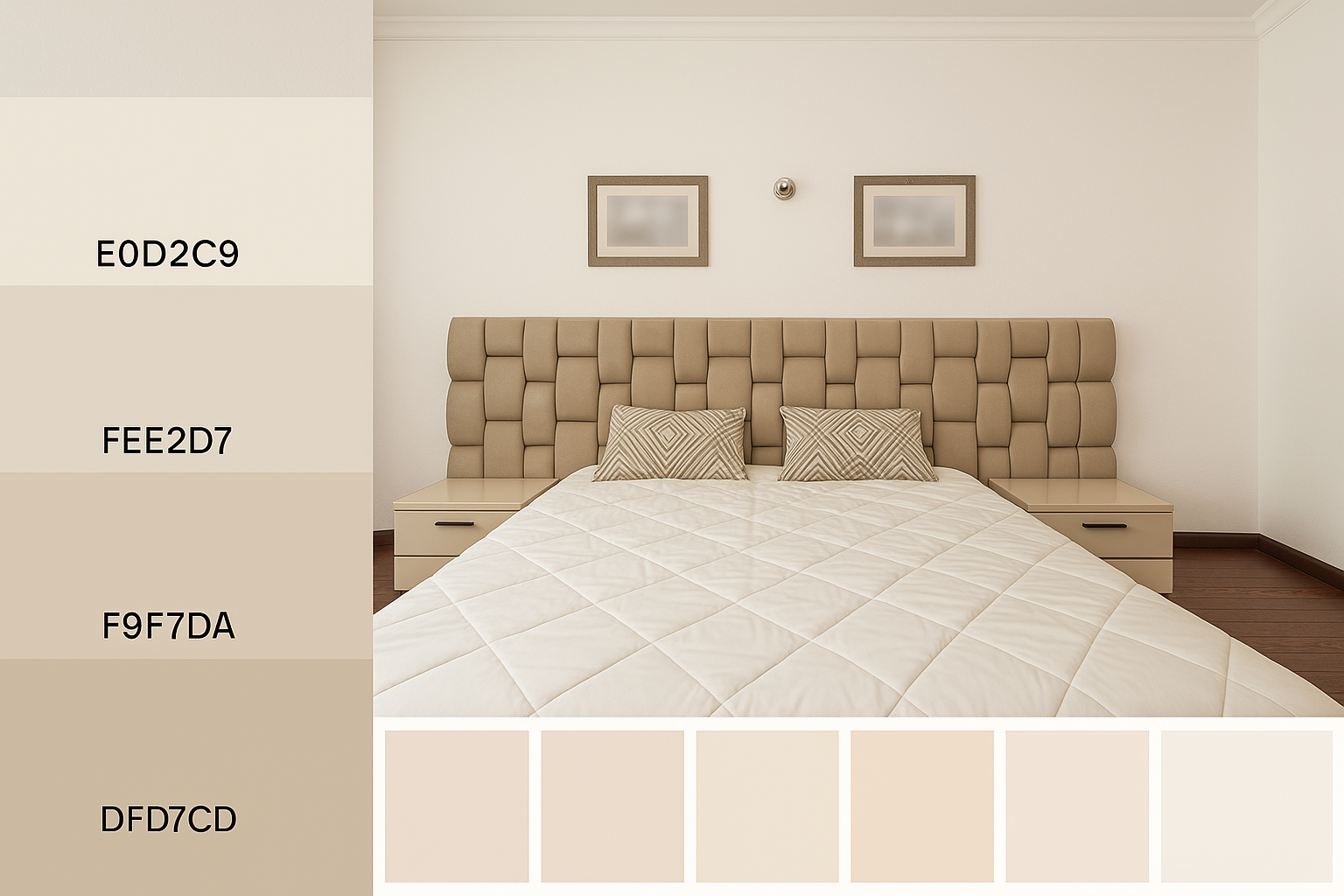 Neutral modern bedroom with tufted headboard, beige tones, and minimalist decor.