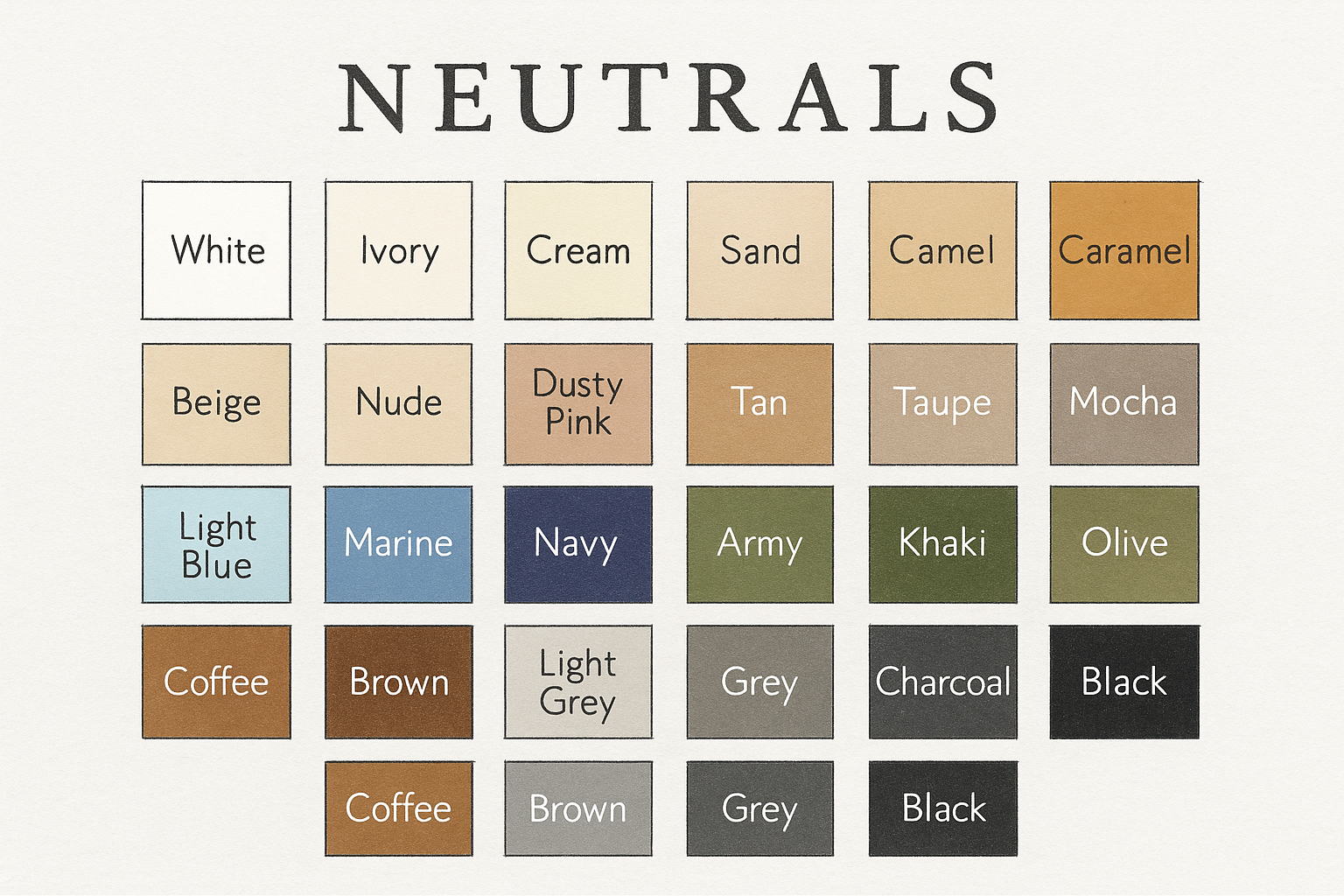 Neutral color palette chart with 30 labeled swatches in warm, cool, and earthy tones.
