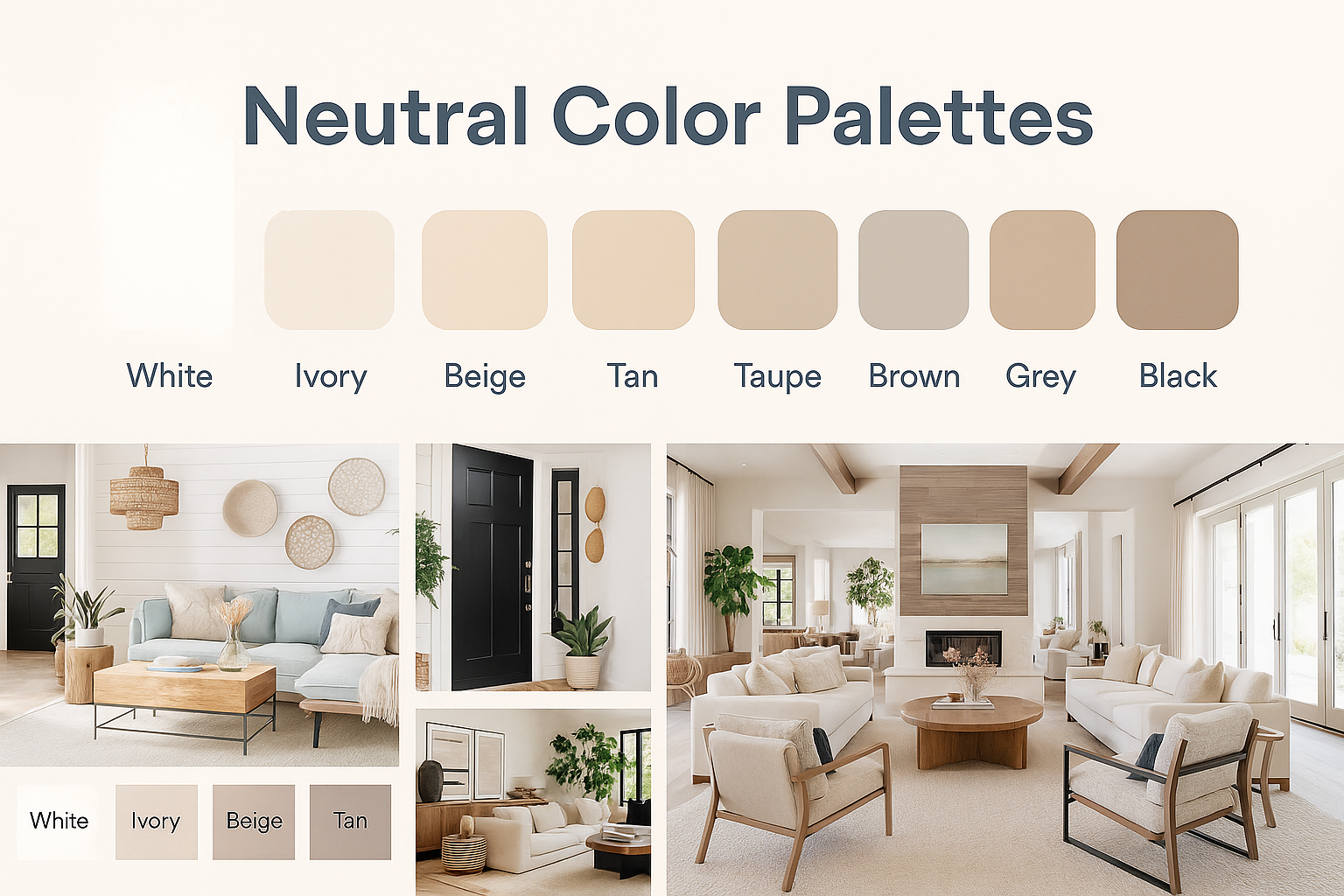 Neutral color palette chart with examples of beige, ivory, taupe, and white used in modern living room interiors.