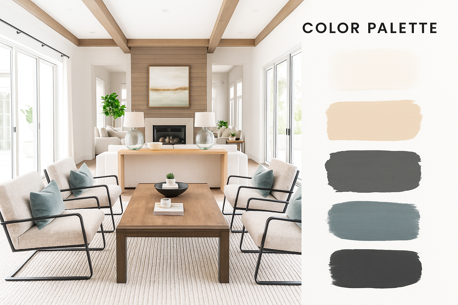 Guide showing neutral color palette with labeled swatches and design applications.
