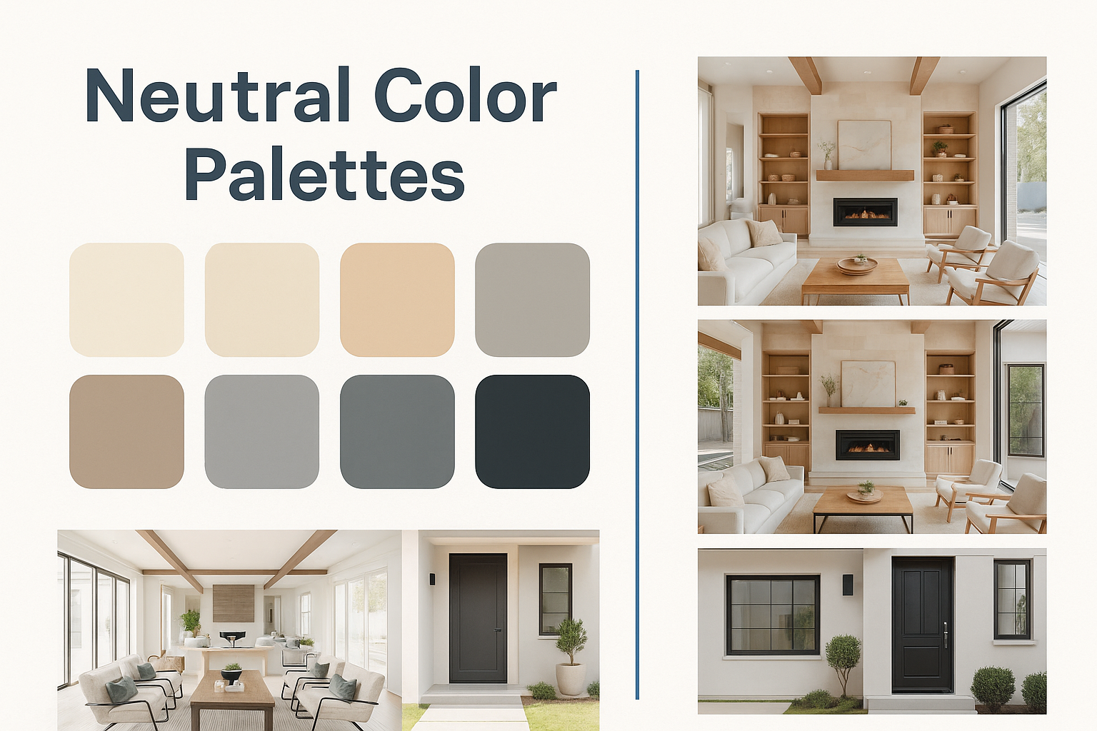 Infographic showing eight neutral swatches with interior and exterior design examples.