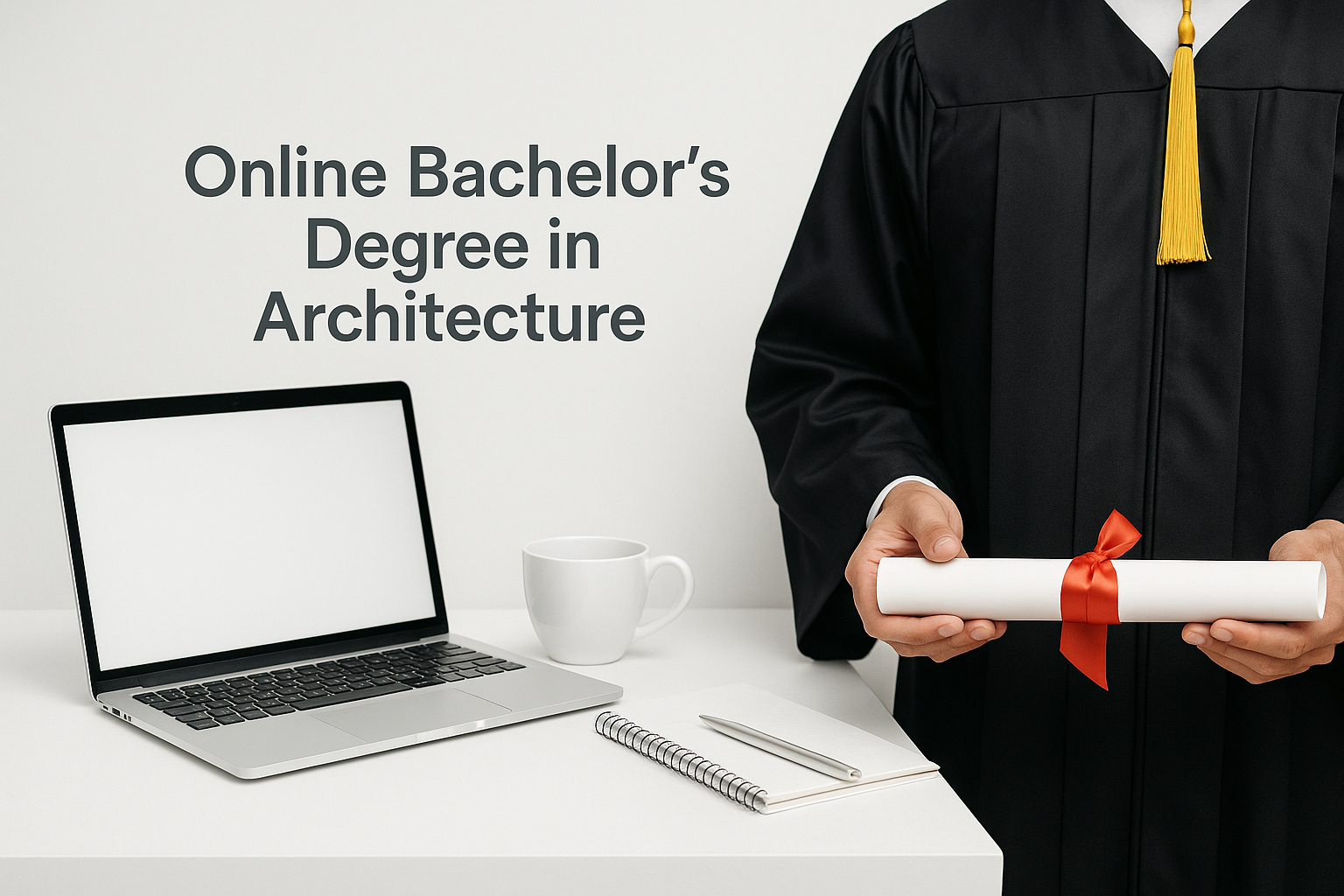 Graduate holding diploma beside laptop and notepad