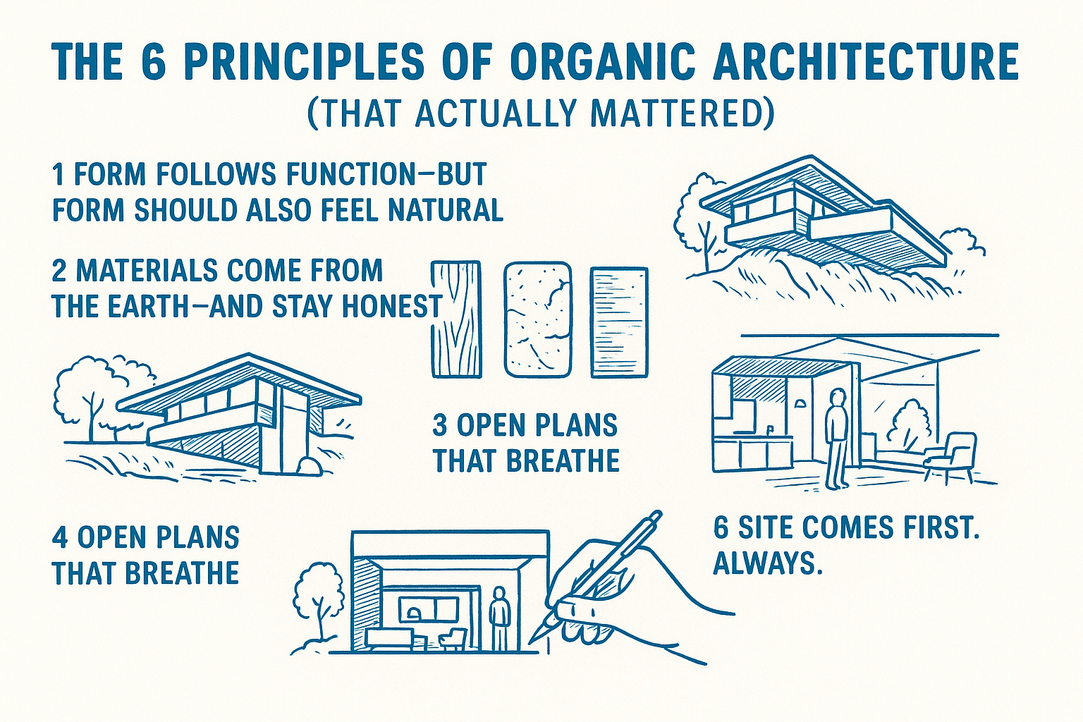 Infographic showing Frank Lloyd Wright’s six principles of organic architecture.