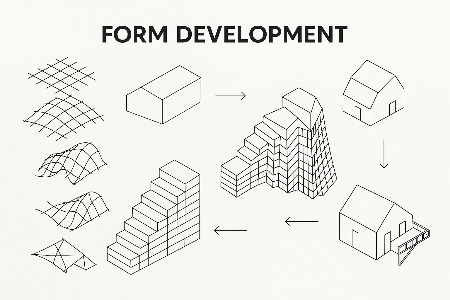 Architectural diagram showing form development from mesh surfaces to complex buildings and residential transformations.