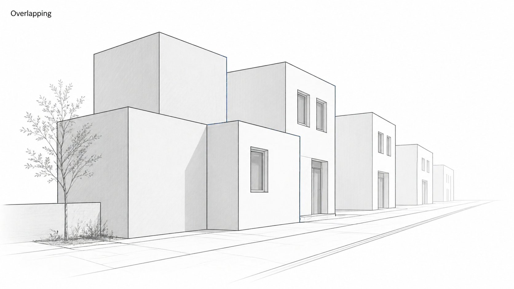 Architectural sketch showing overlapping building forms to create depth and spatial layering.