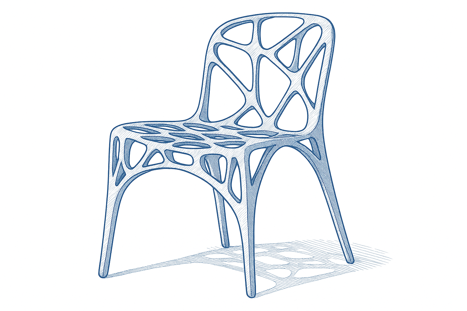 A generatively designed chair with an organic lattice frame and smooth curved legs.