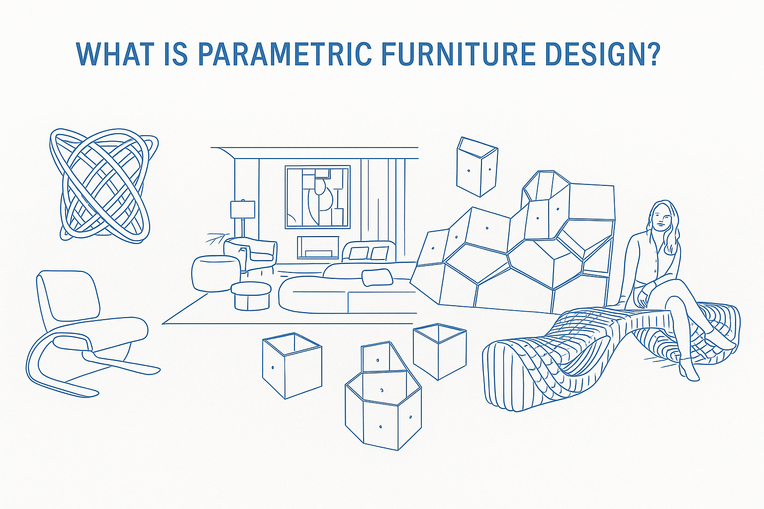 Showing types of parametric furniture including modular blocks, curvy cardboard bench, and generative forms..