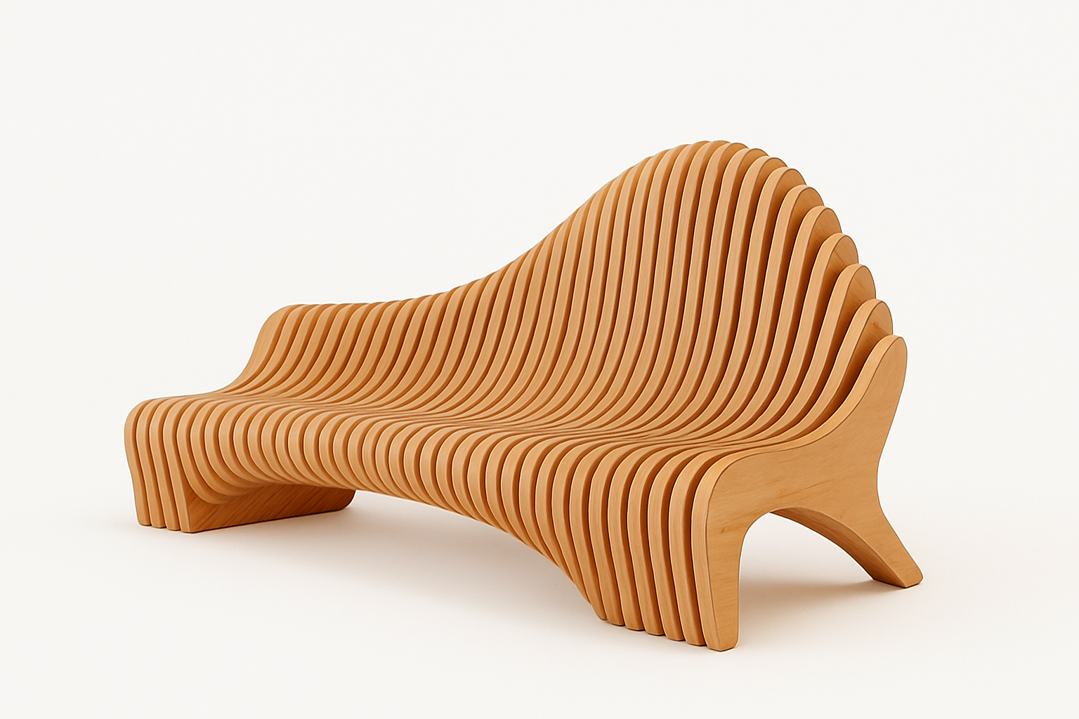 Sculptural parametric wooden bench with flowing slatted design on a clean white background, no visible legs.