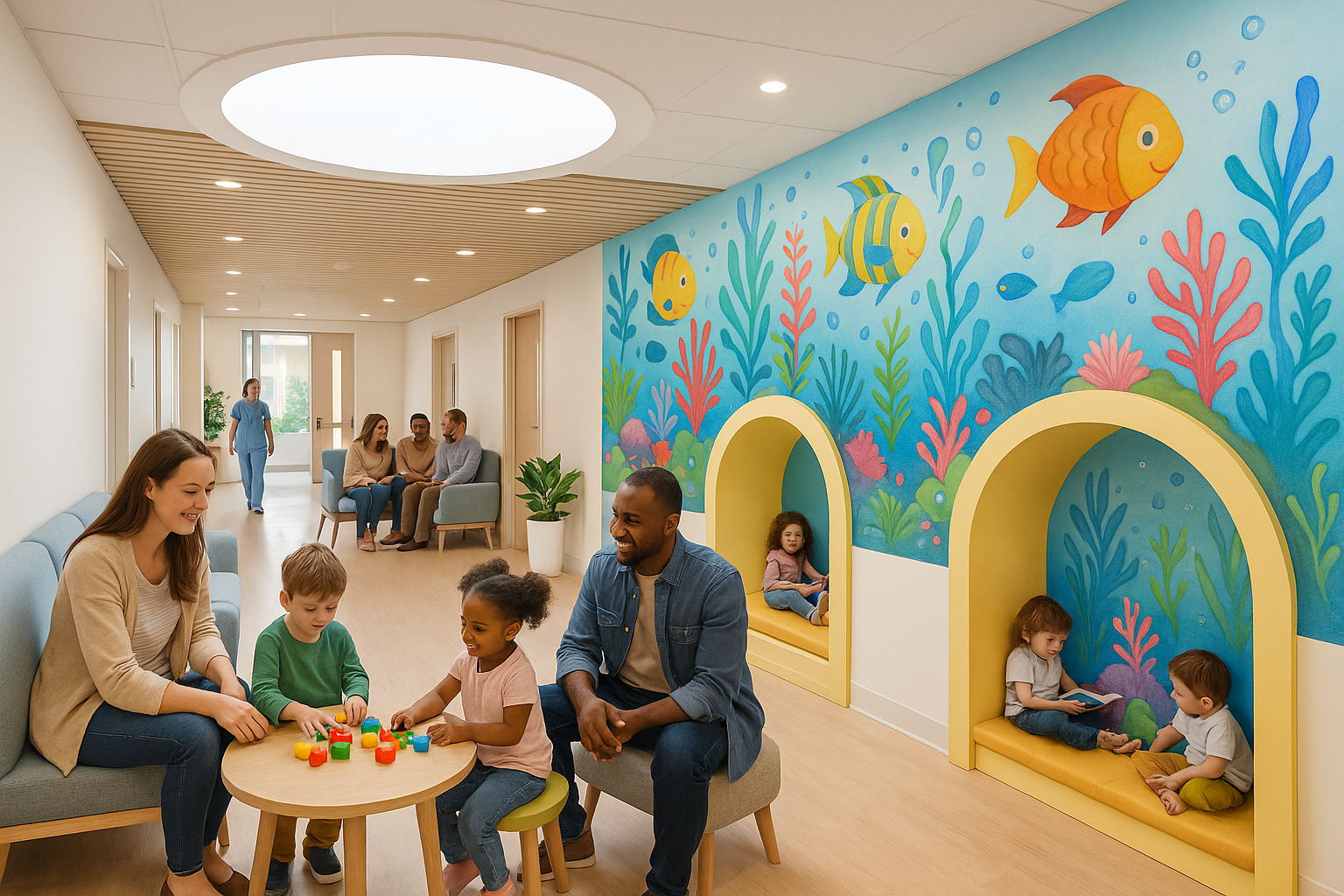 Pediatric hospital play area with colorful murals, seating, and natural lighting.