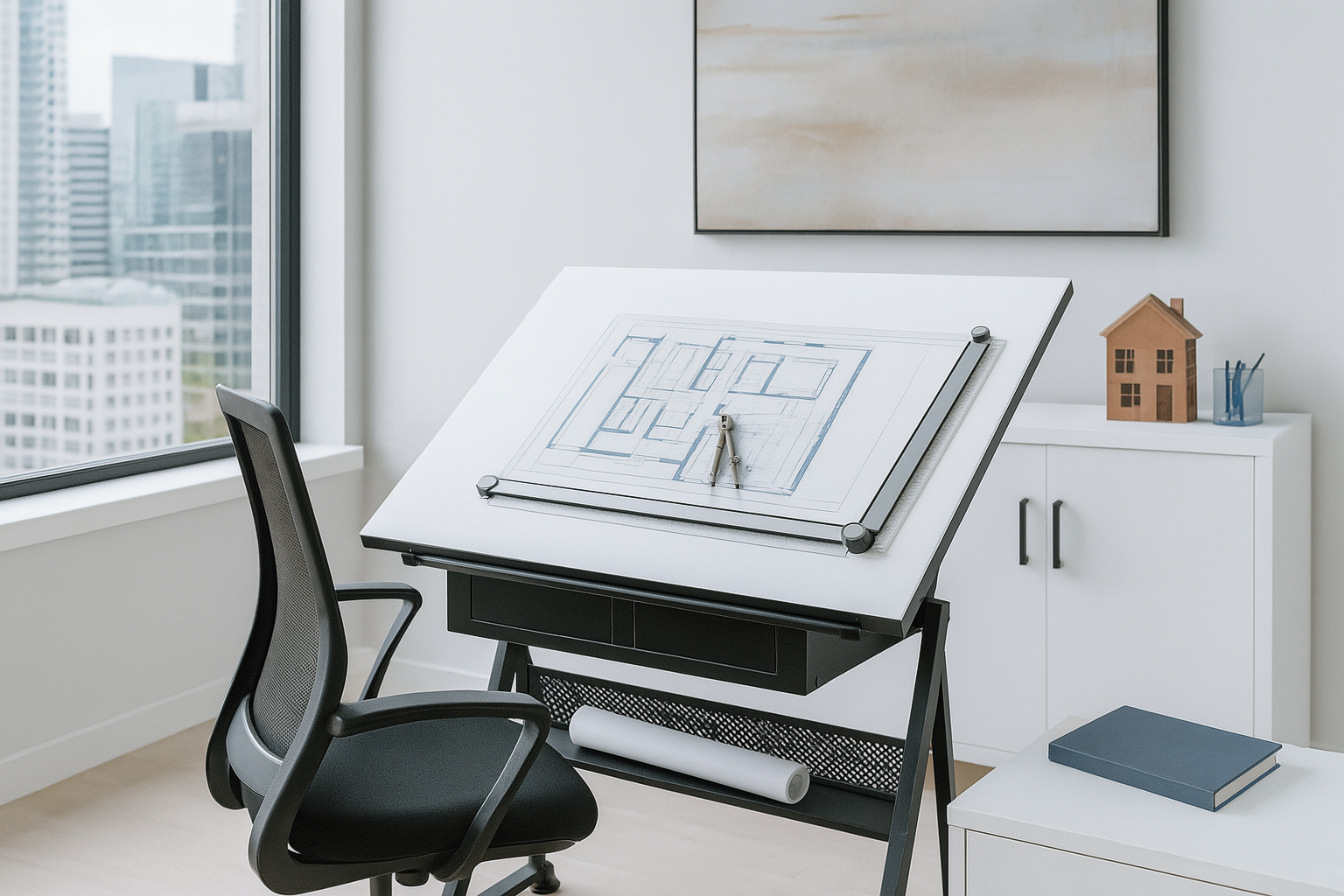 Portable drafting board set up in architect’s office.