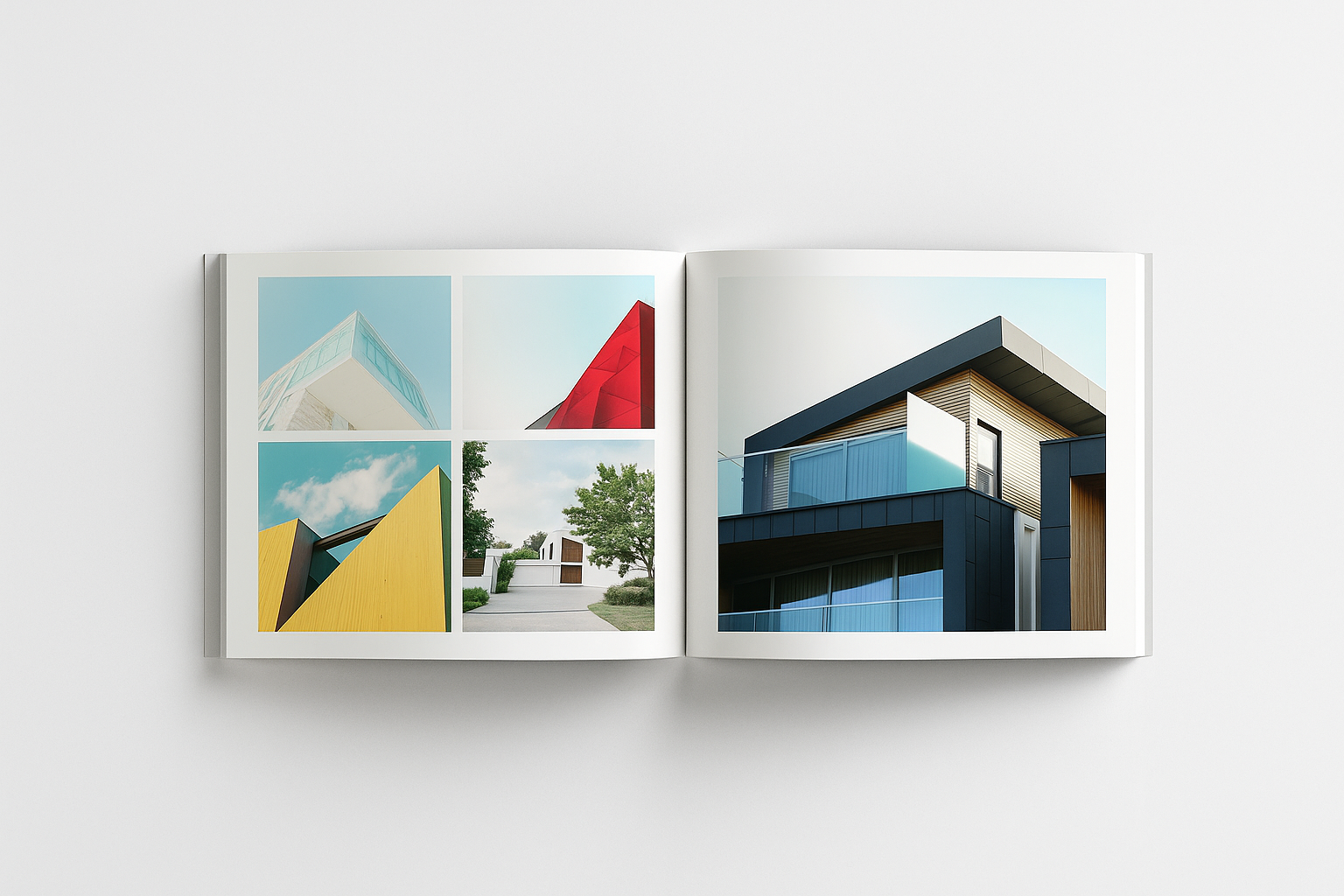 Architecture portfolio layout with sketches, renderings, and model images.