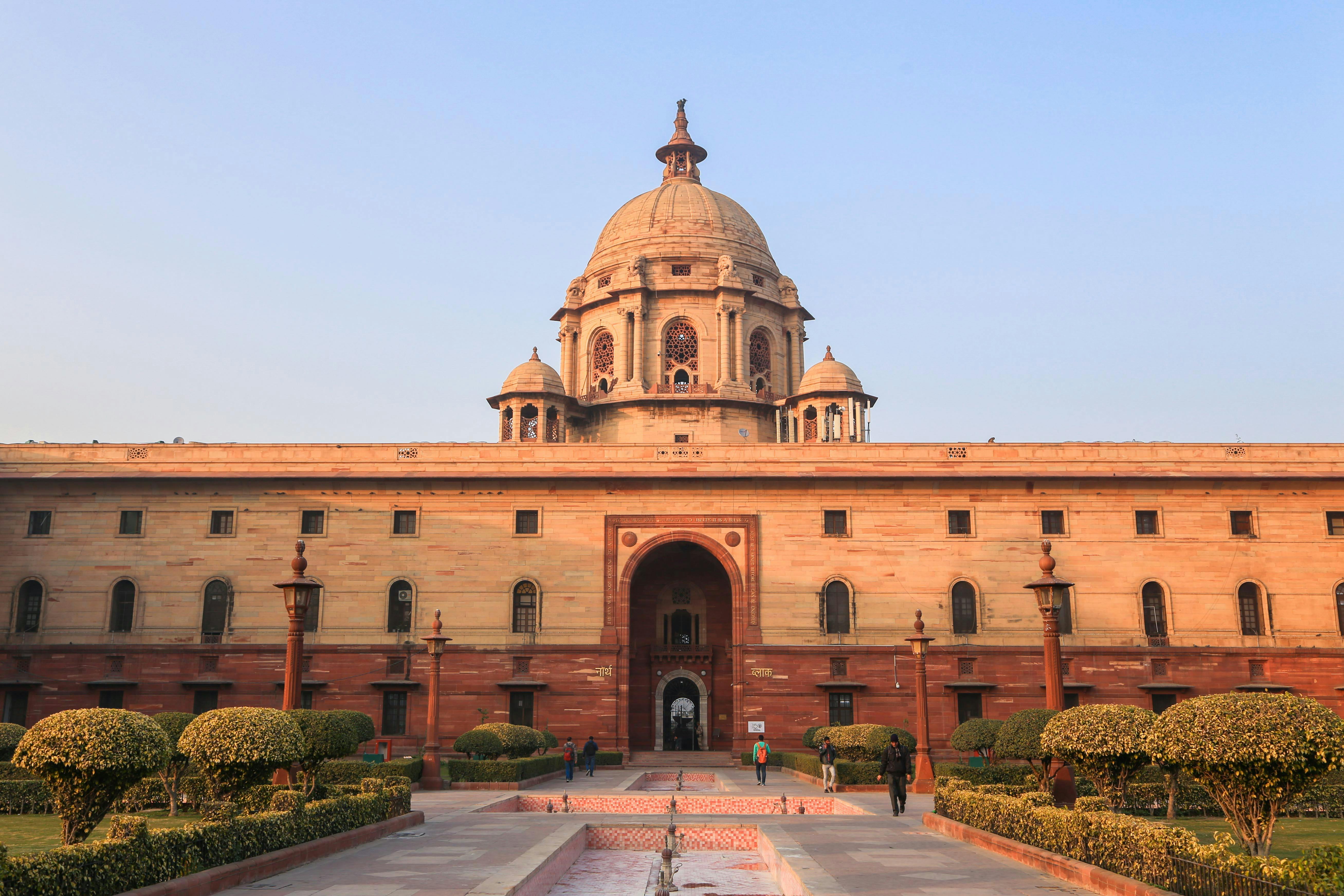 Rashtrapati Bhavan in Delhi featuring grand architectural stonework.