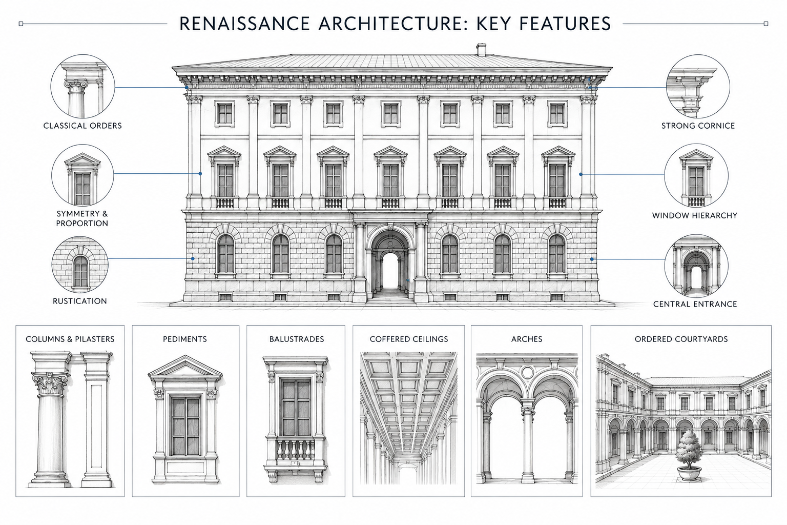 Renaissance architecture key features diagram showing symmetry, classical orders, rustication, cornices, window hierarchy, arches, pediments, balustrades, and ordered courtyards.