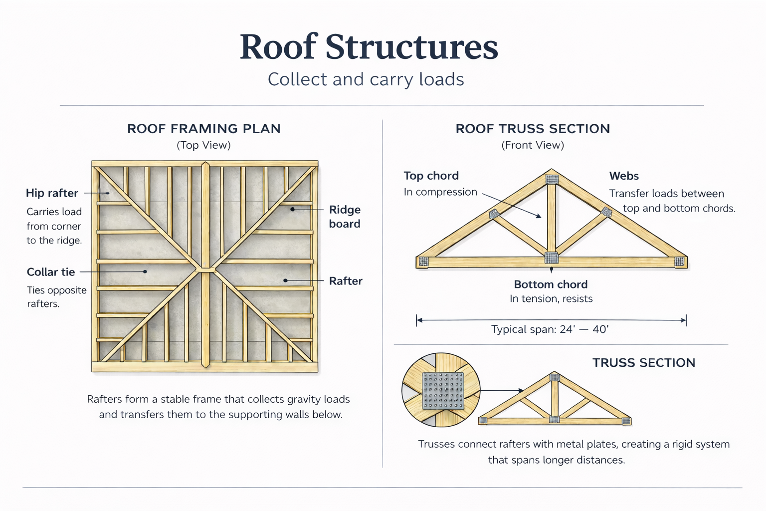 Roof framing plan and roof truss section diagram showing how roof members collect and carry loads.