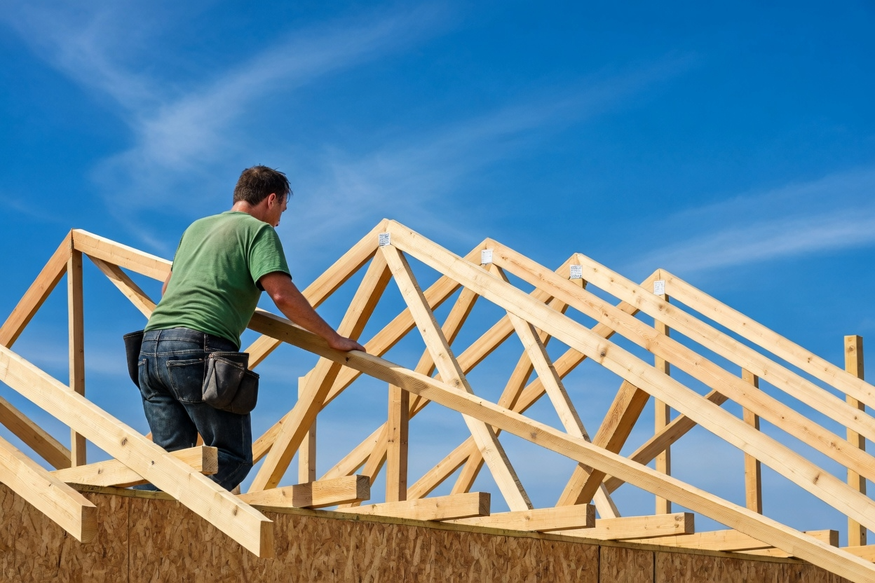 Man installing a roof truss during roof construction.