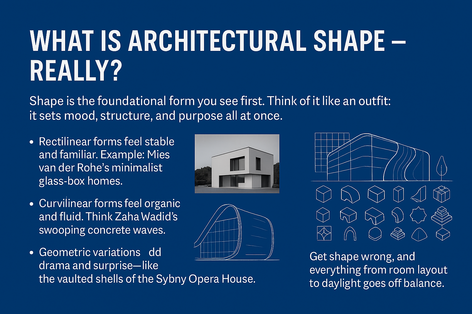 Comparison of shape, massing, and volume in architecture showing 2D shapes, 3D blocks, and interior spatial flow.