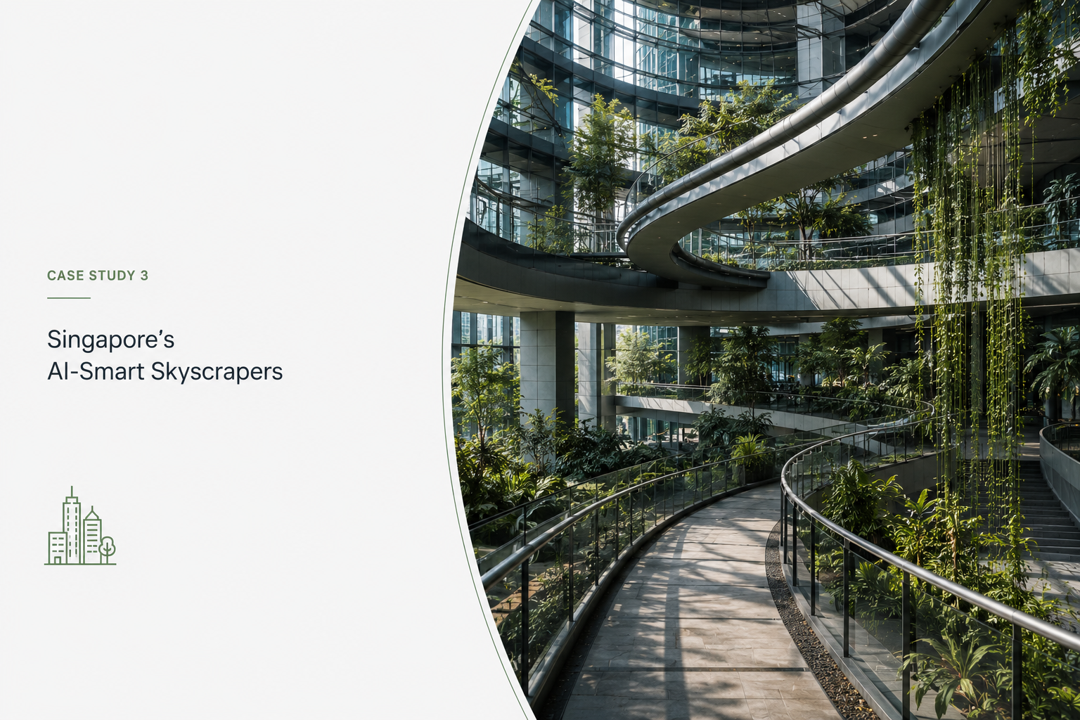 Singapore AI-smart skyscraper atrium with curved walkways, glass walls, integrated greenery, and daylight.