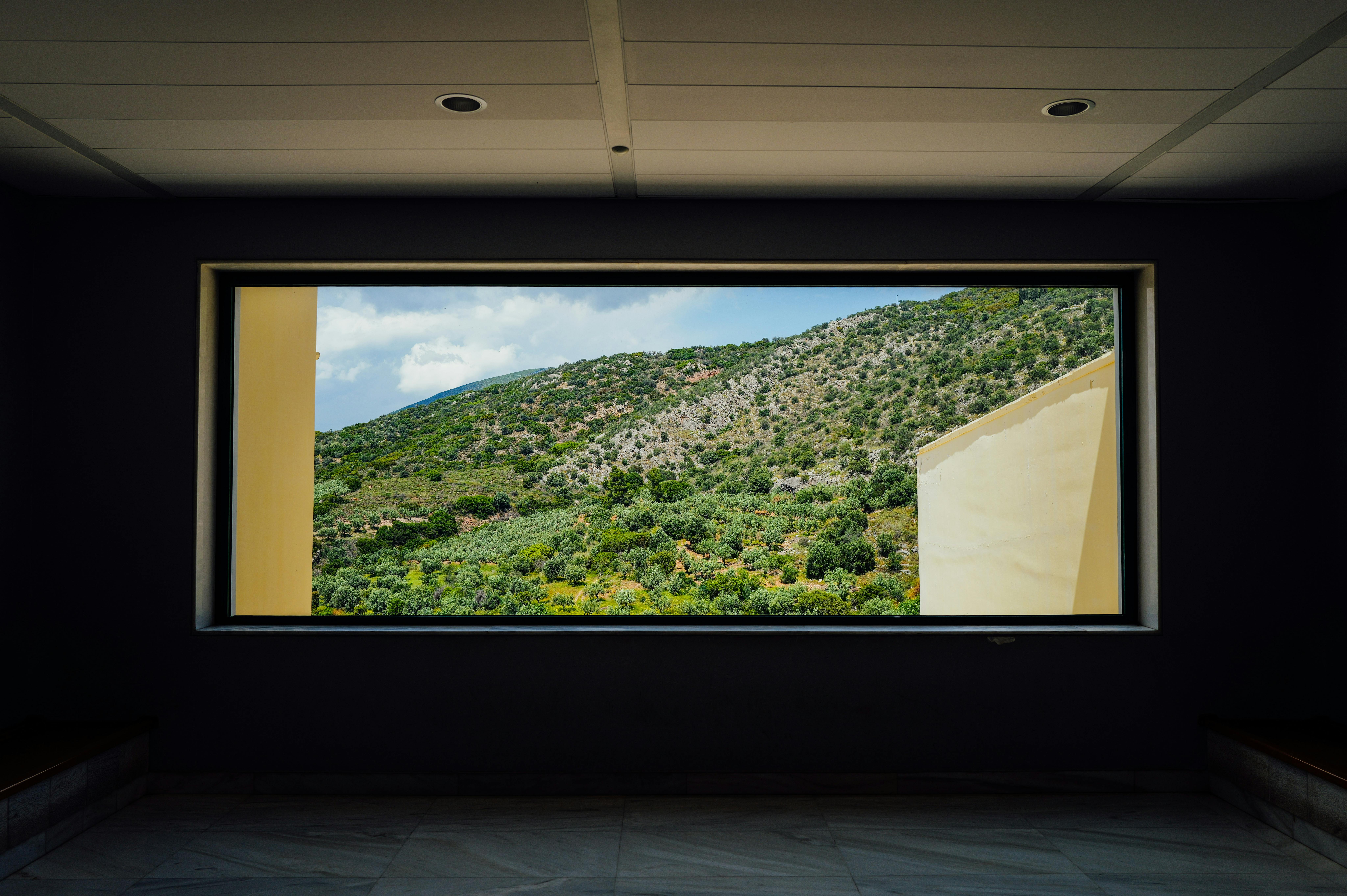 Large modern windows with smart glass overlooking scenic outdoor view.