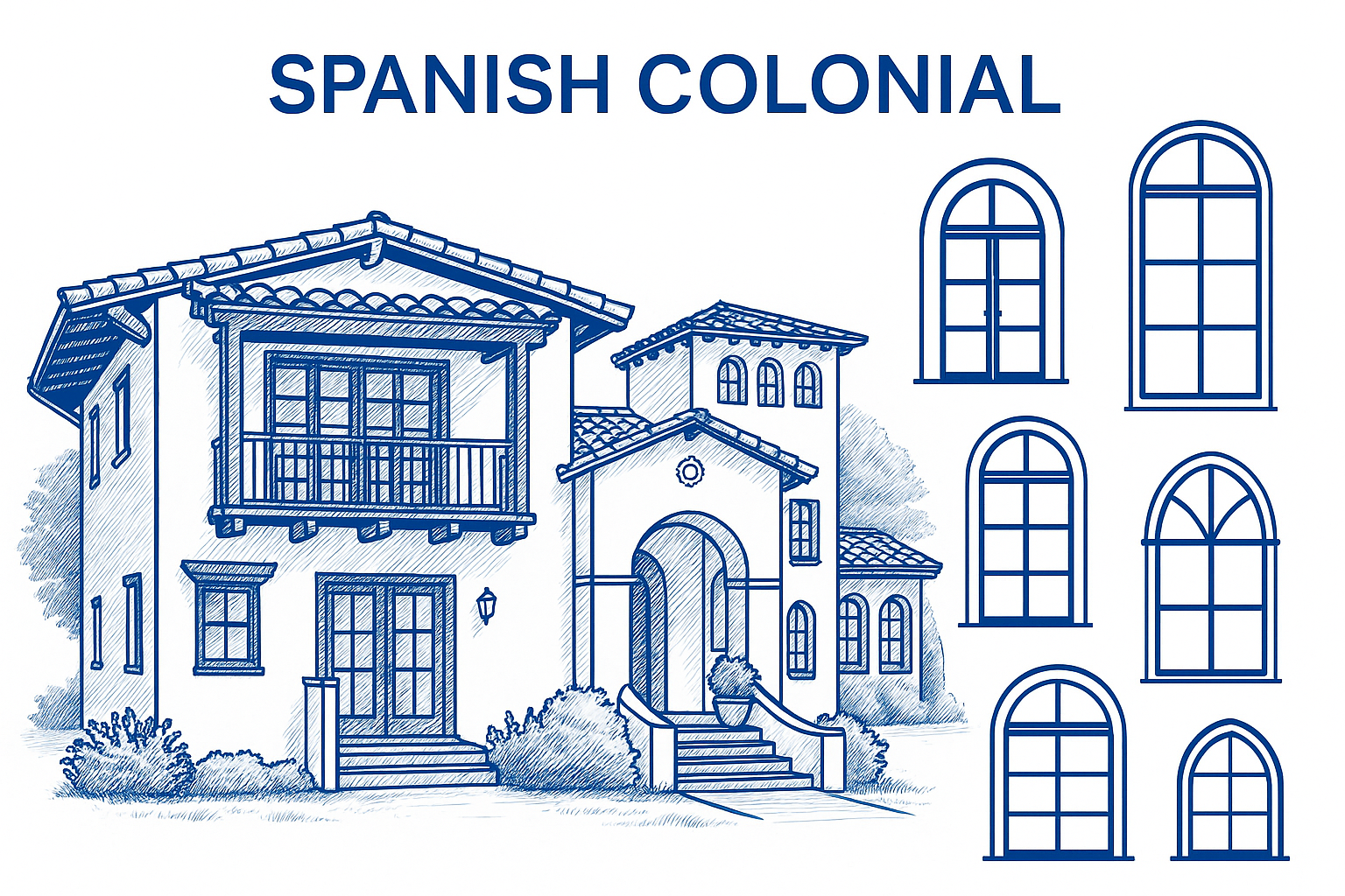 Spanish Colonial and Hacienda-style windows featuring arches, wooden frames, and wrought iron grilles.