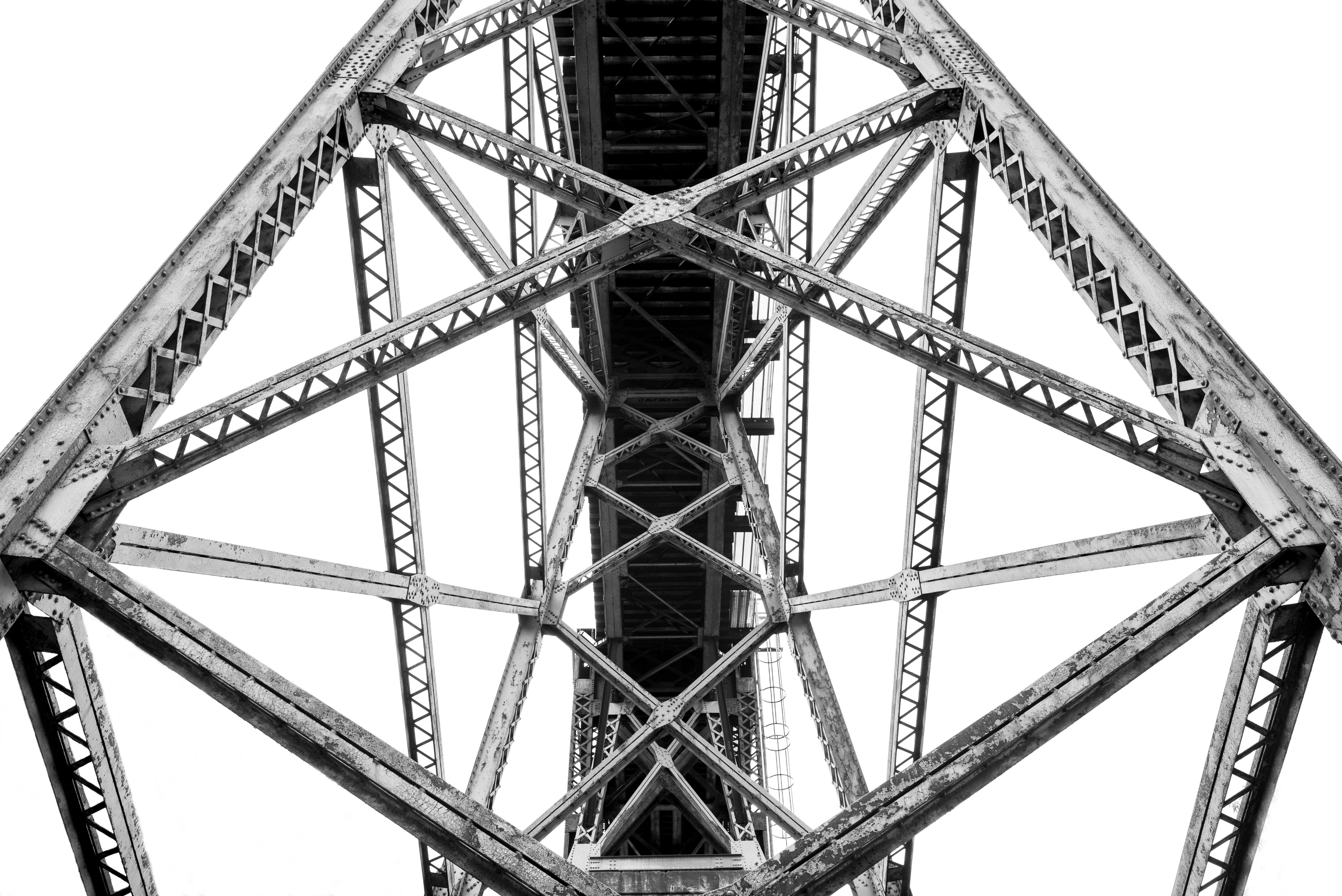 Structural steel truss framework used in building construction.