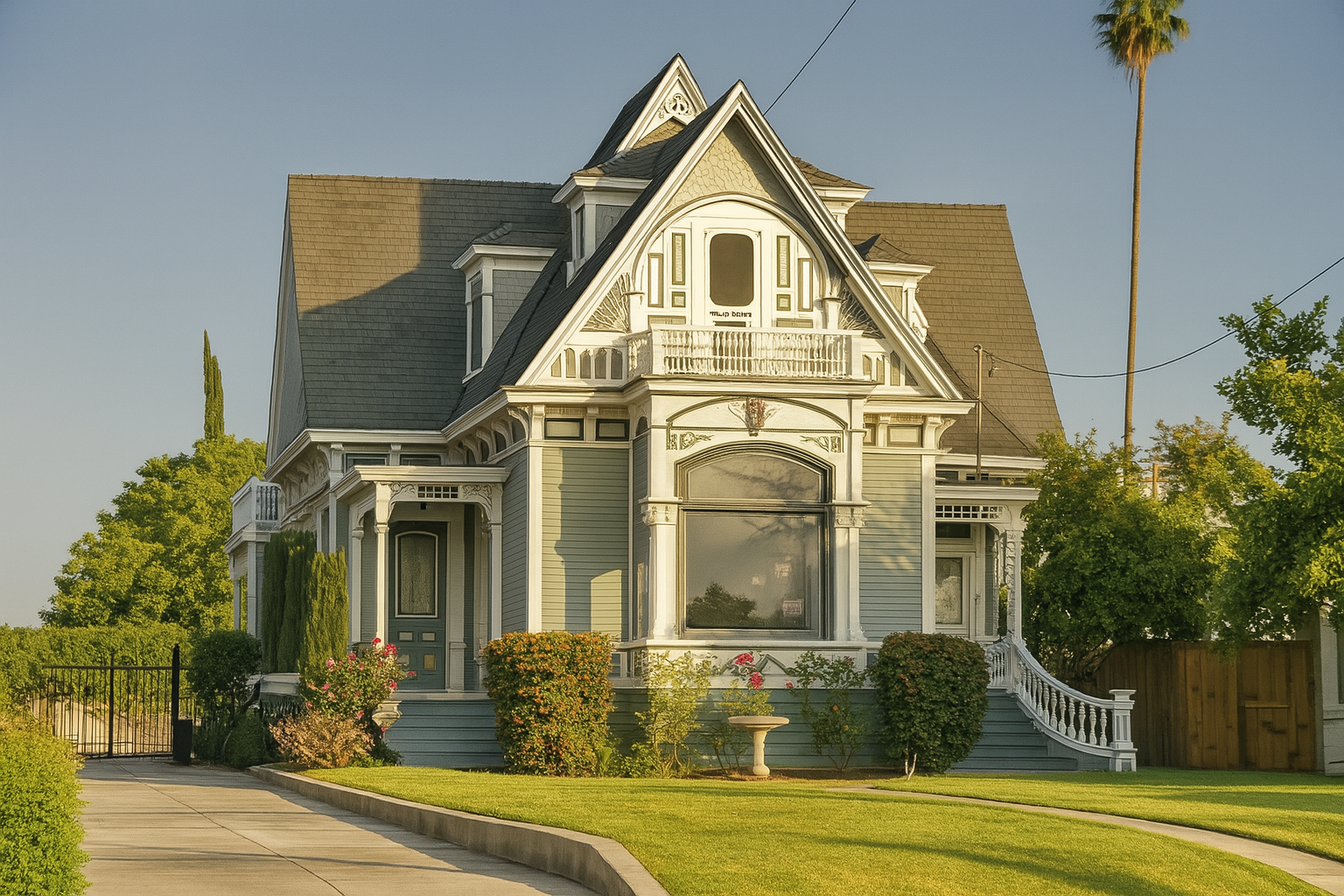 Stick Style Victorian house in Redlands with visible wood trim and steep gables.