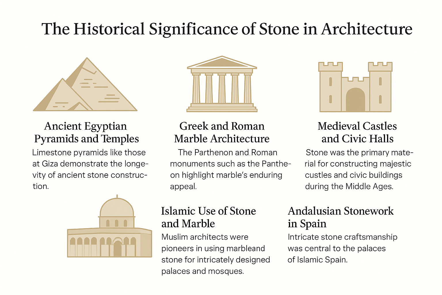Infographic showing the historical significance of stone in European, Islamic, Ancient, Medieval, and Andalusian architecture.