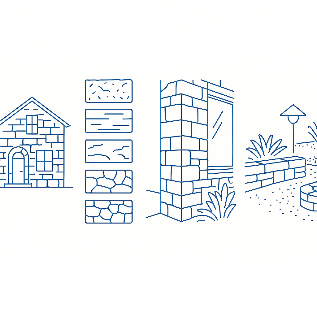 Sketch showing stone house exterior types, wall details, material textures, window transitions, and landscaping elements.