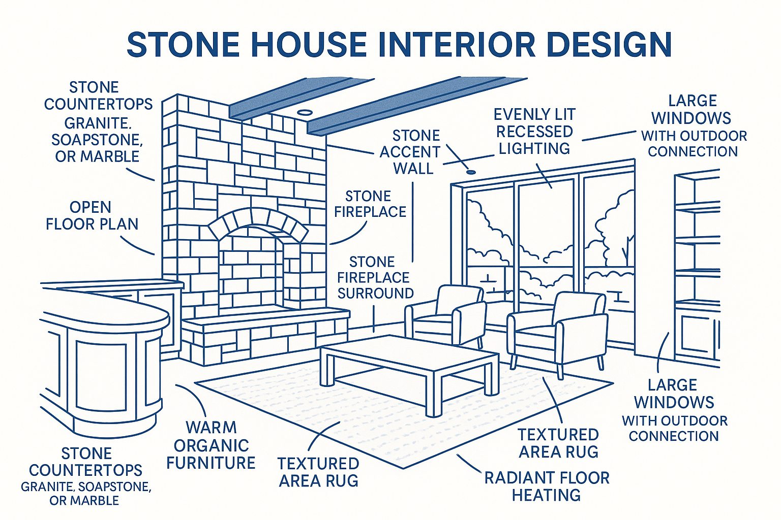 Blueprint-style interior sketch showing stone fireplace, countertops, large windows, recessed lighting, and radiant floor heating.