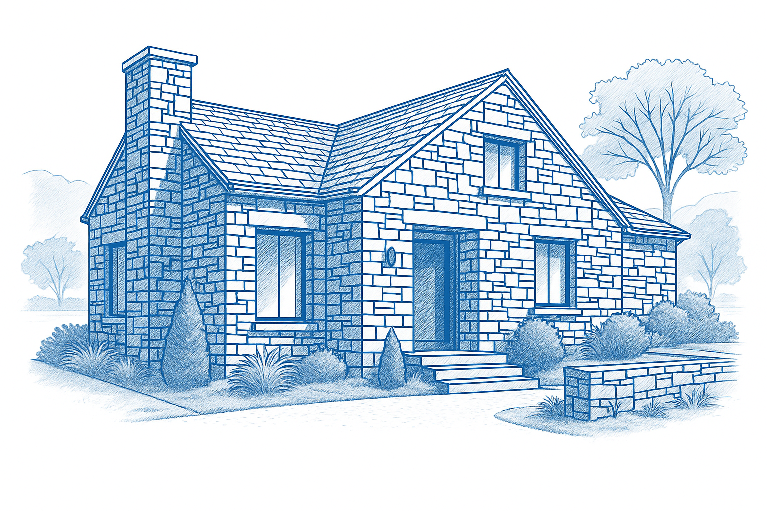 Simple sketch of a stone house showing basic structure and architectural features.