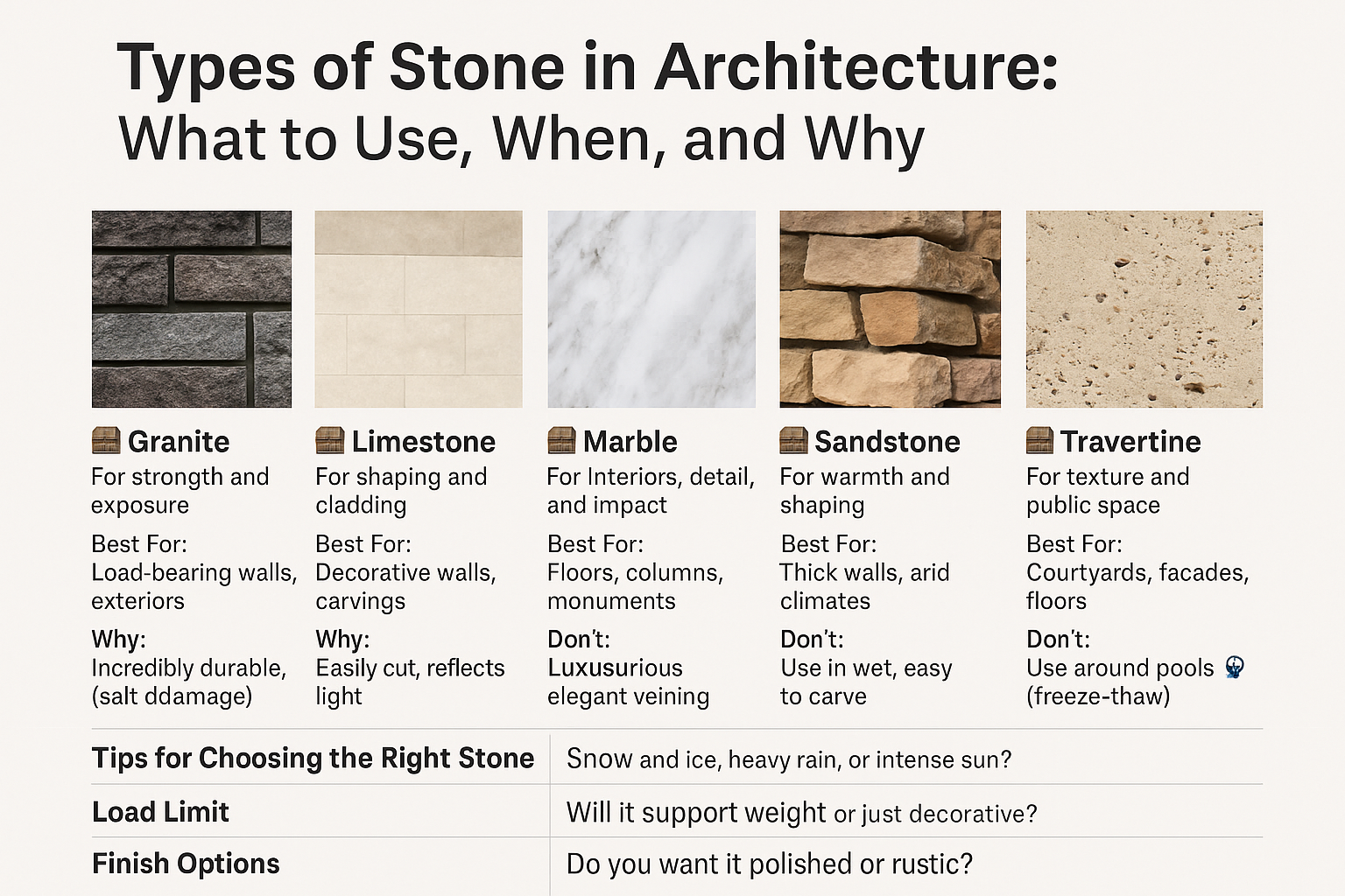 Common architectural stones: limestone, sandstone, marble, granite, travertine, basalt, and quartzite with typical uses.