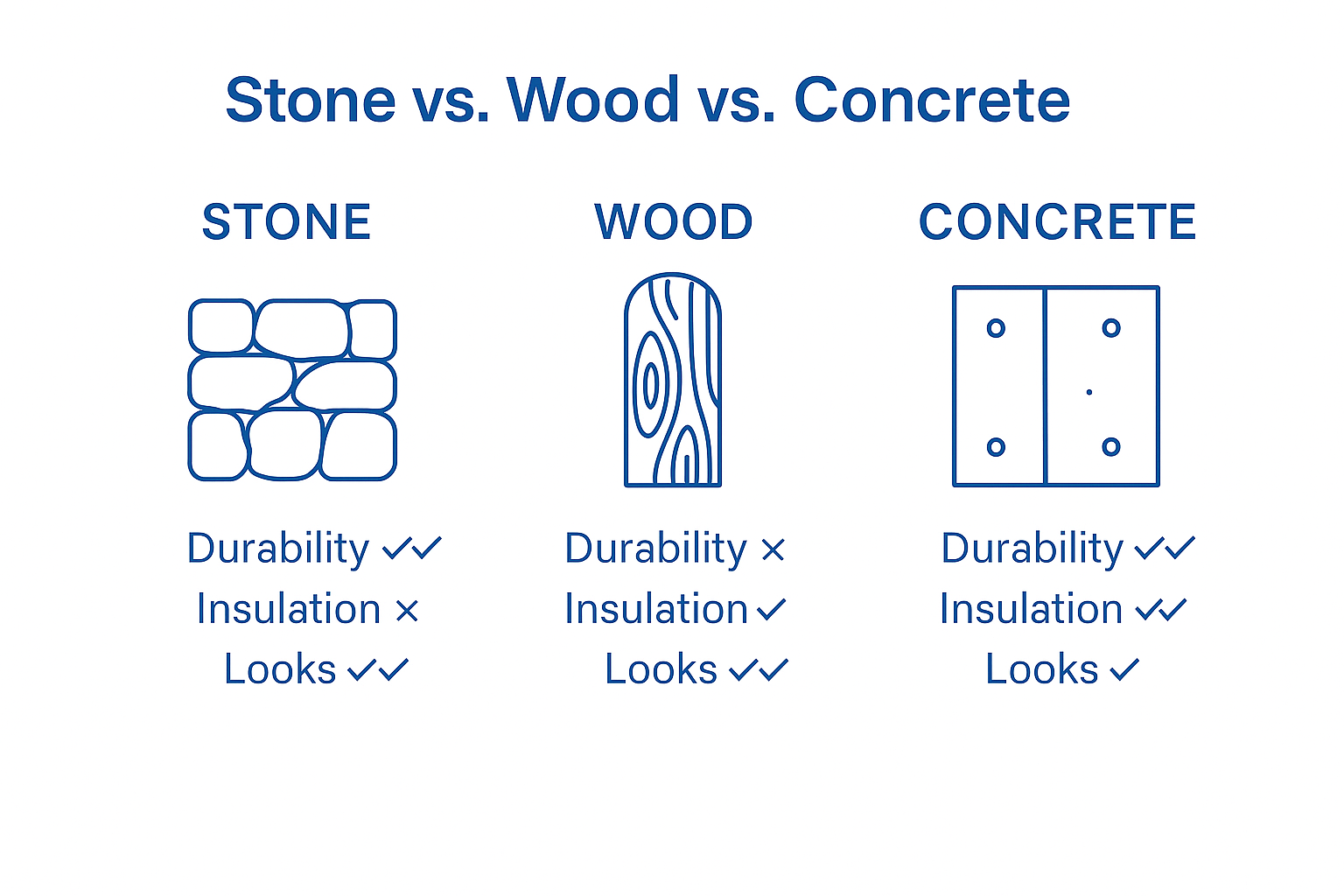 Chart comparing stone, wood, and concrete in home design.