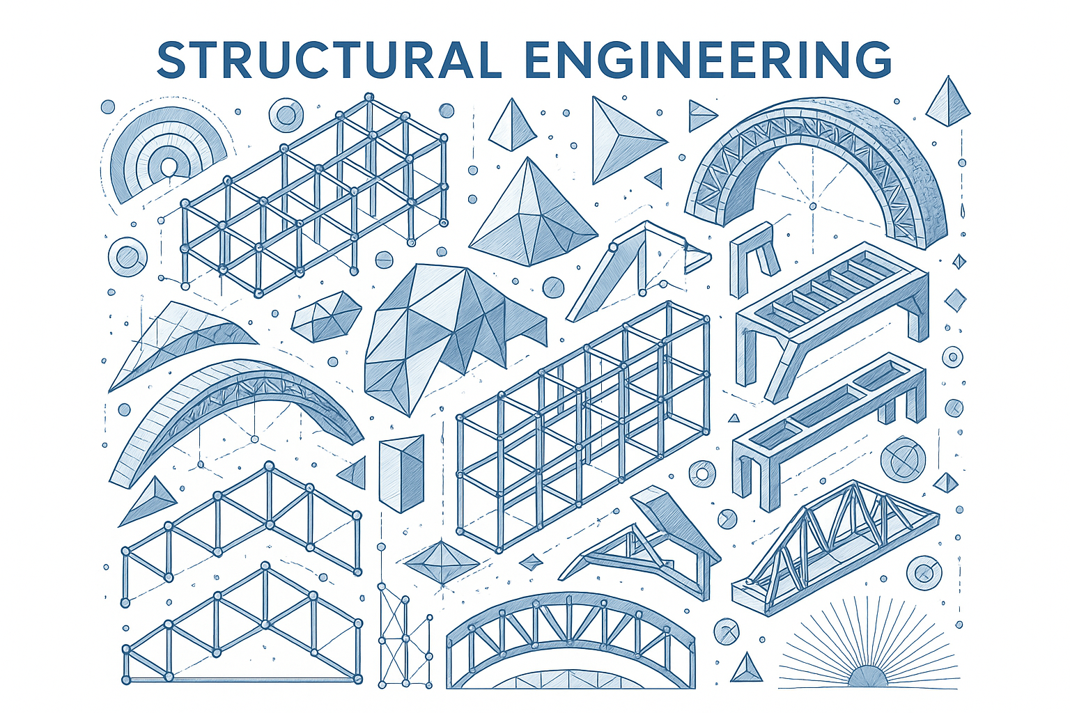 Trusses, structural elements, and bridge diagrams for civil engineering study.