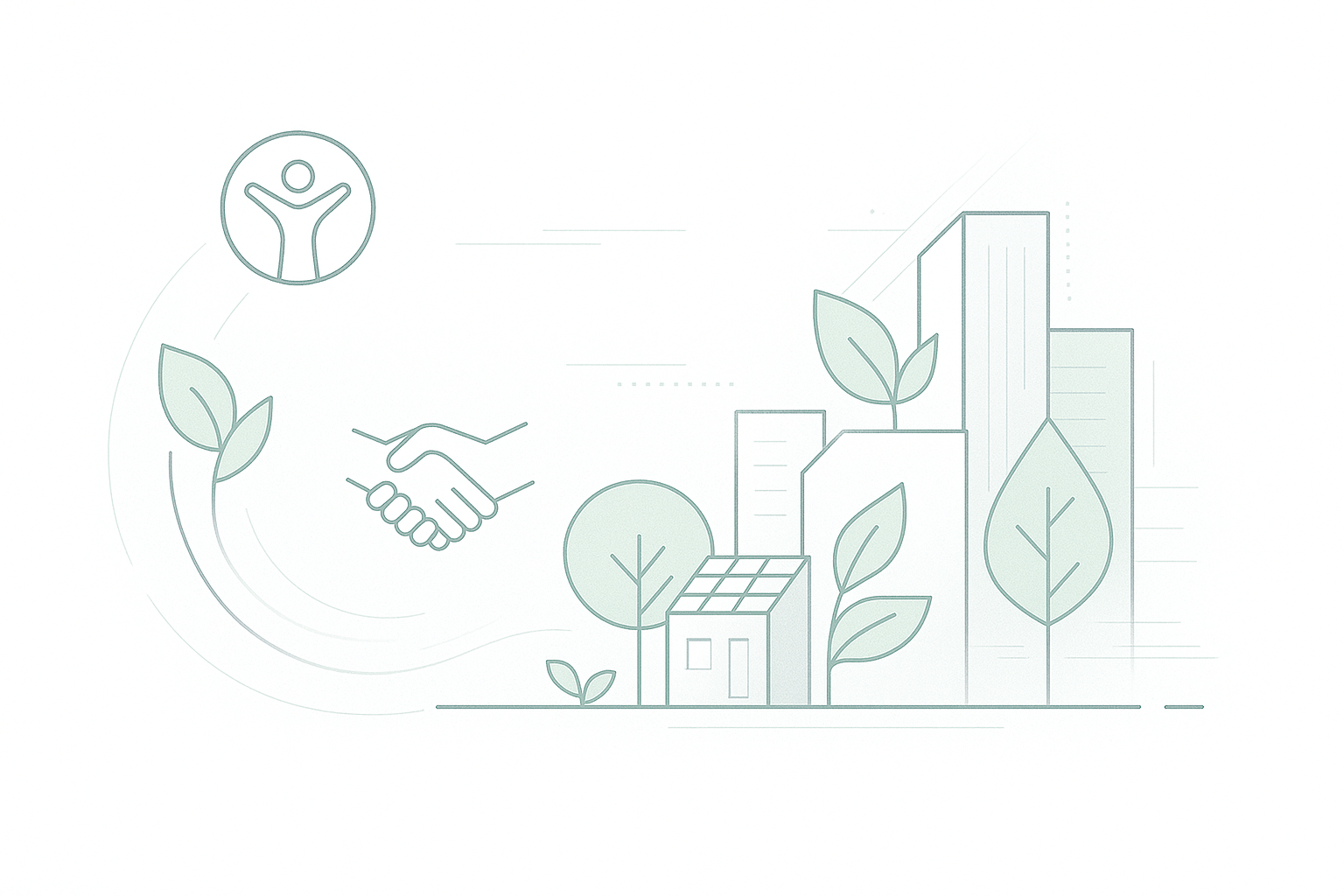 Green swoosh connects icons of a leaf, handshake, person, solar-roofed house, city skyline, and trees—symbolizing the link between human values and sustainable design.