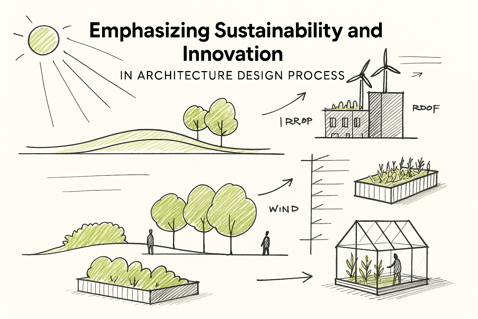 Architectural sketch showing sustainability concepts like solar power, wind energy, rooftop gardens, and greenhouses on a white background.
